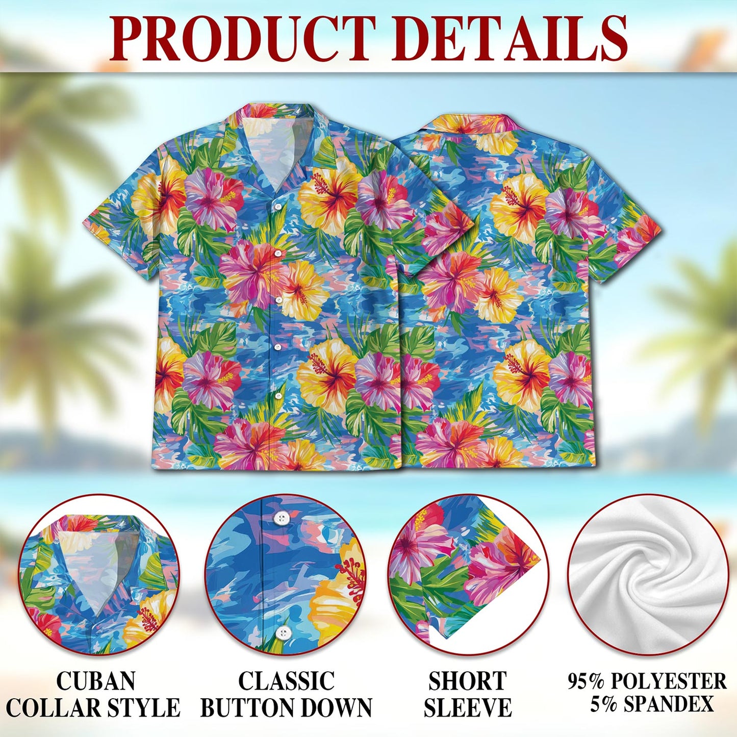 Netecom Hibiscus Seas Blue Hawaiian Shirt for Men, Button Down Summer Beach Short Sleeve, Tropical Style, Sizes S-5XL