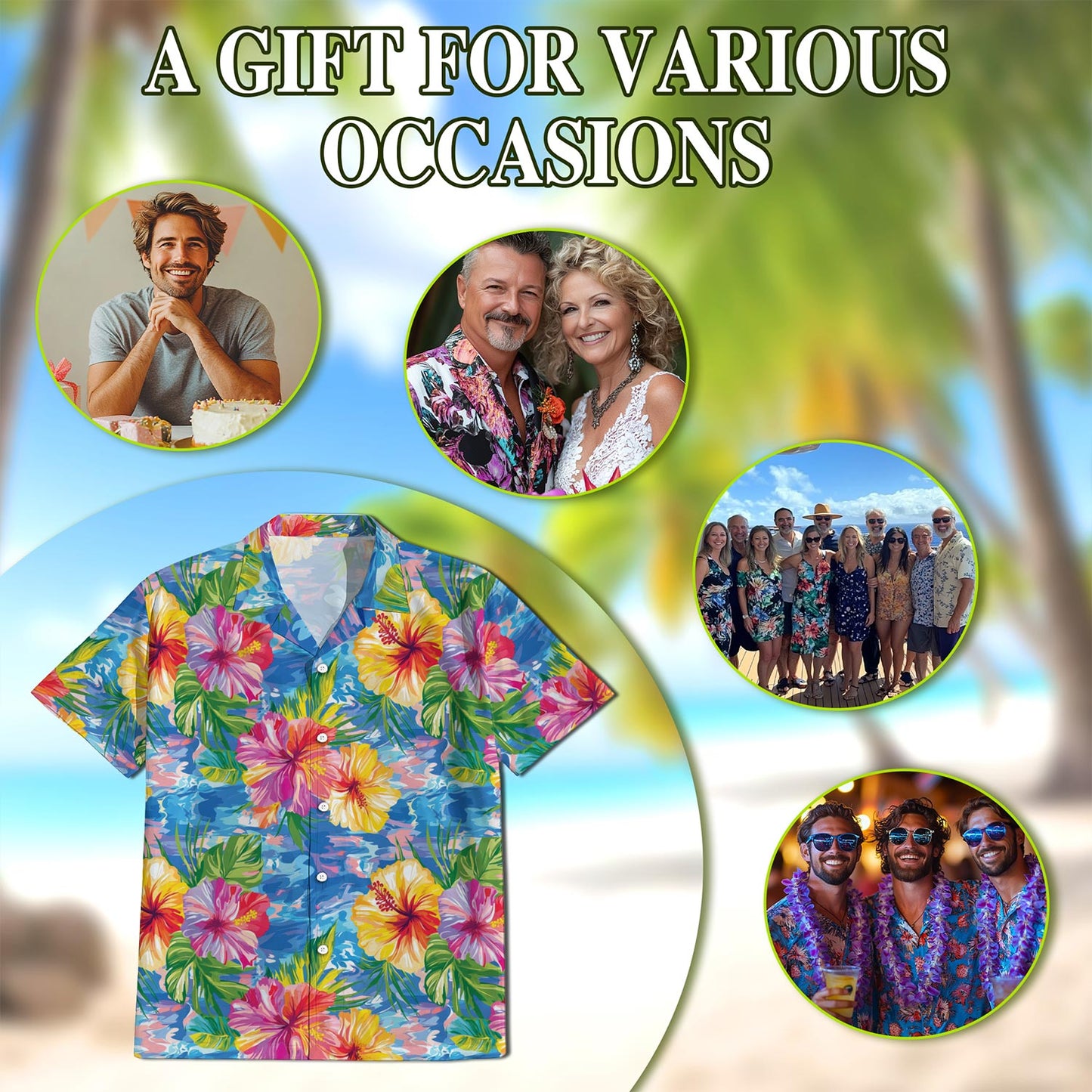 Netecom Hibiscus Seas Blue Hawaiian Shirt for Men, Button Down Summer Beach Short Sleeve, Tropical Style, Sizes S-5XL