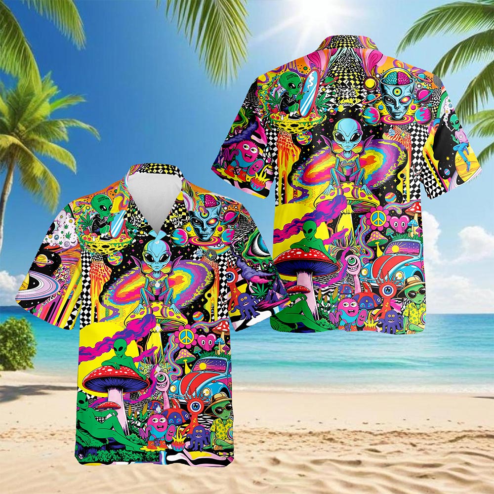 Netecom Hippie Mushroom Alien Hawaiian Shirt for Men Women, Button Down Summer Aloha Beach Short Sleeve, Groovy Style, S-5XL