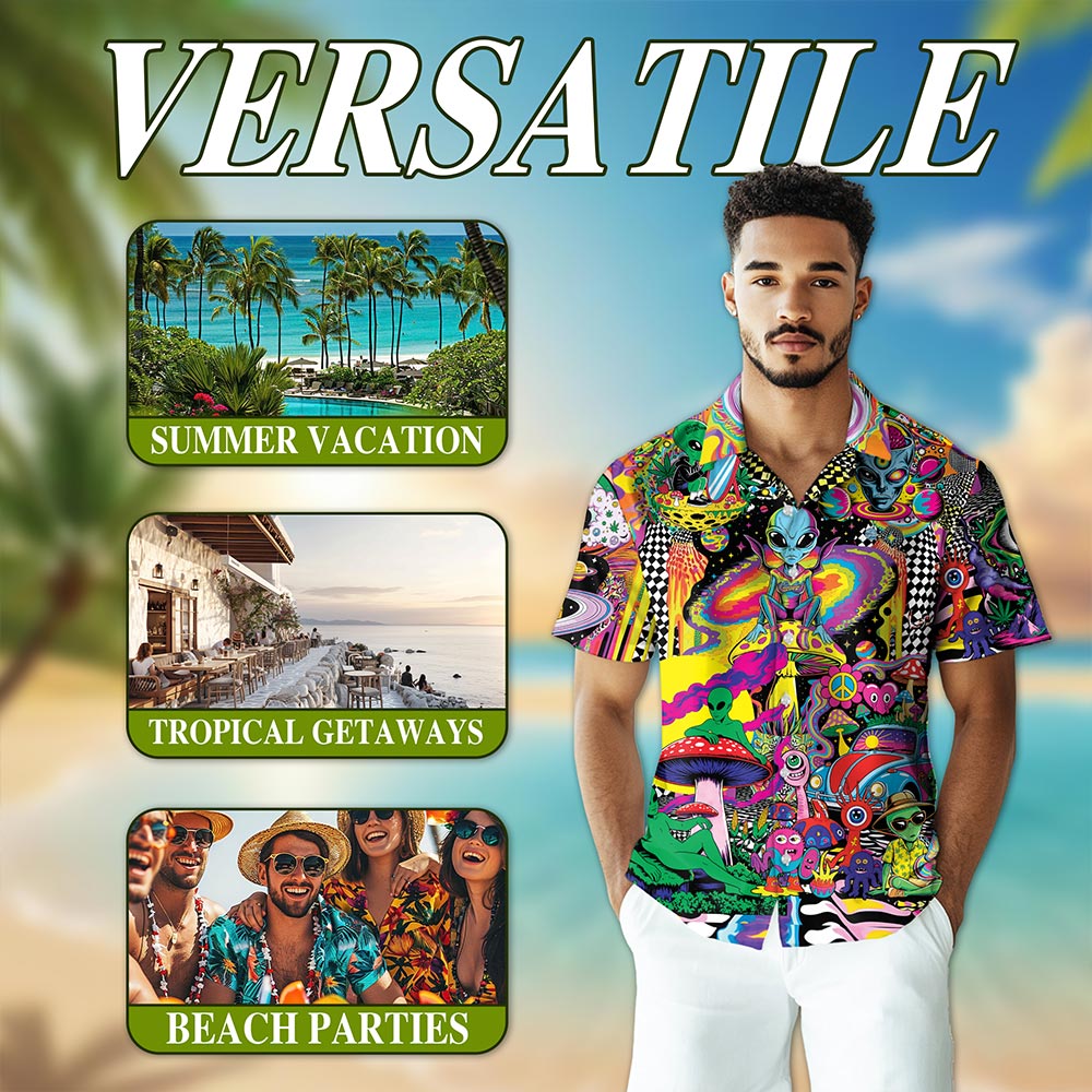 Netecom Hippie Mushroom Alien Hawaiian Shirt for Men Women, Button Down Summer Aloha Beach Short Sleeve, Groovy Style, S-5XL
