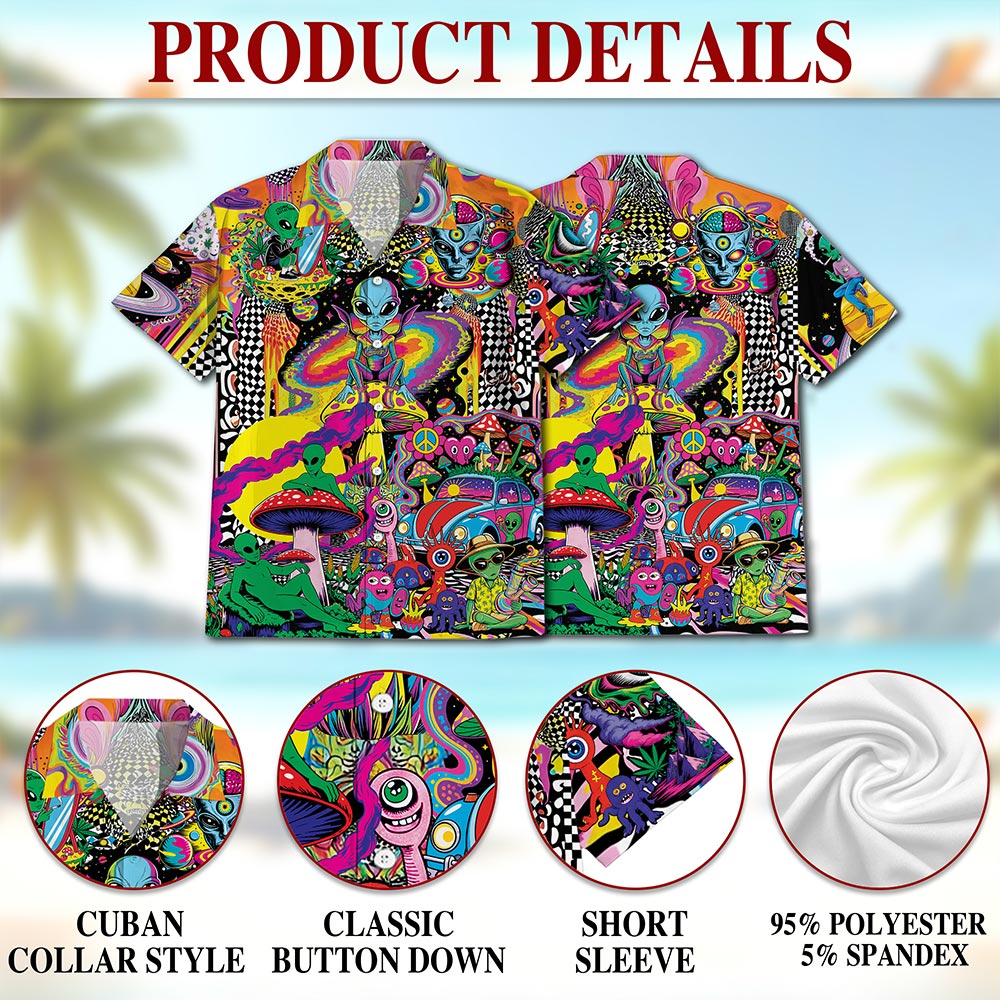 Netecom Hippie Mushroom Alien Hawaiian Shirt for Men Women, Button Down Summer Aloha Beach Short Sleeve, Groovy Style, S-5XL