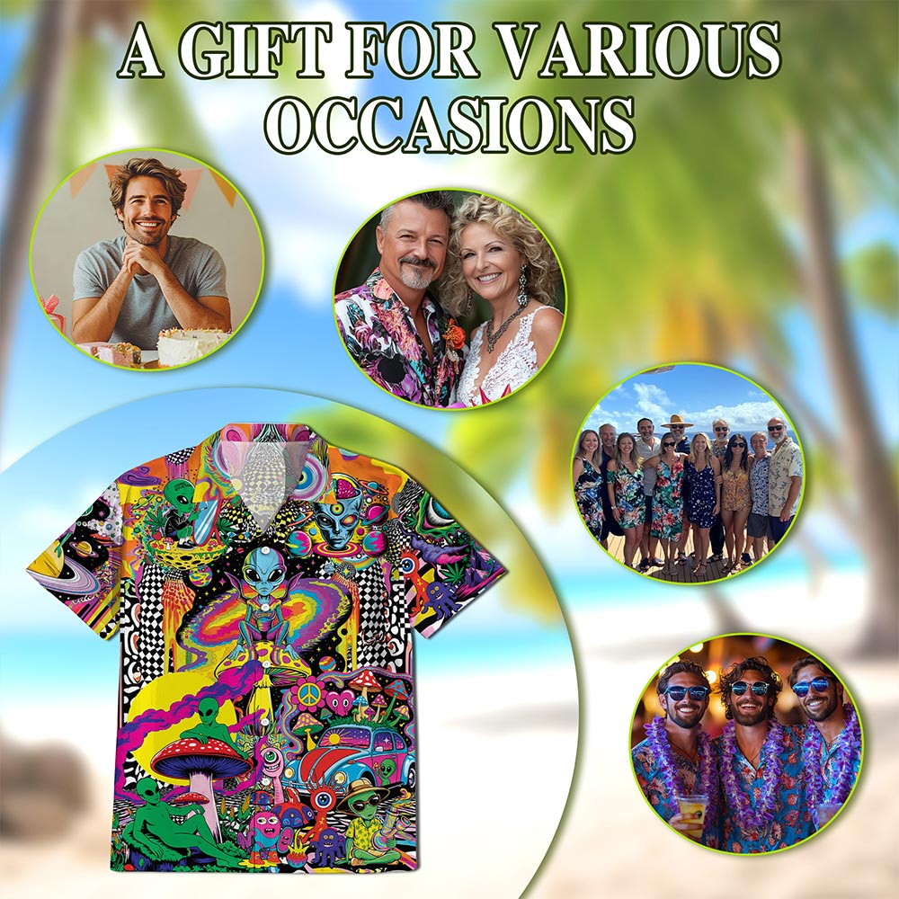 Netecom Hippie Mushroom Alien Hawaiian Shirt for Men Women, Button Down Summer Aloha Beach Short Sleeve, Groovy Style, S-5XL