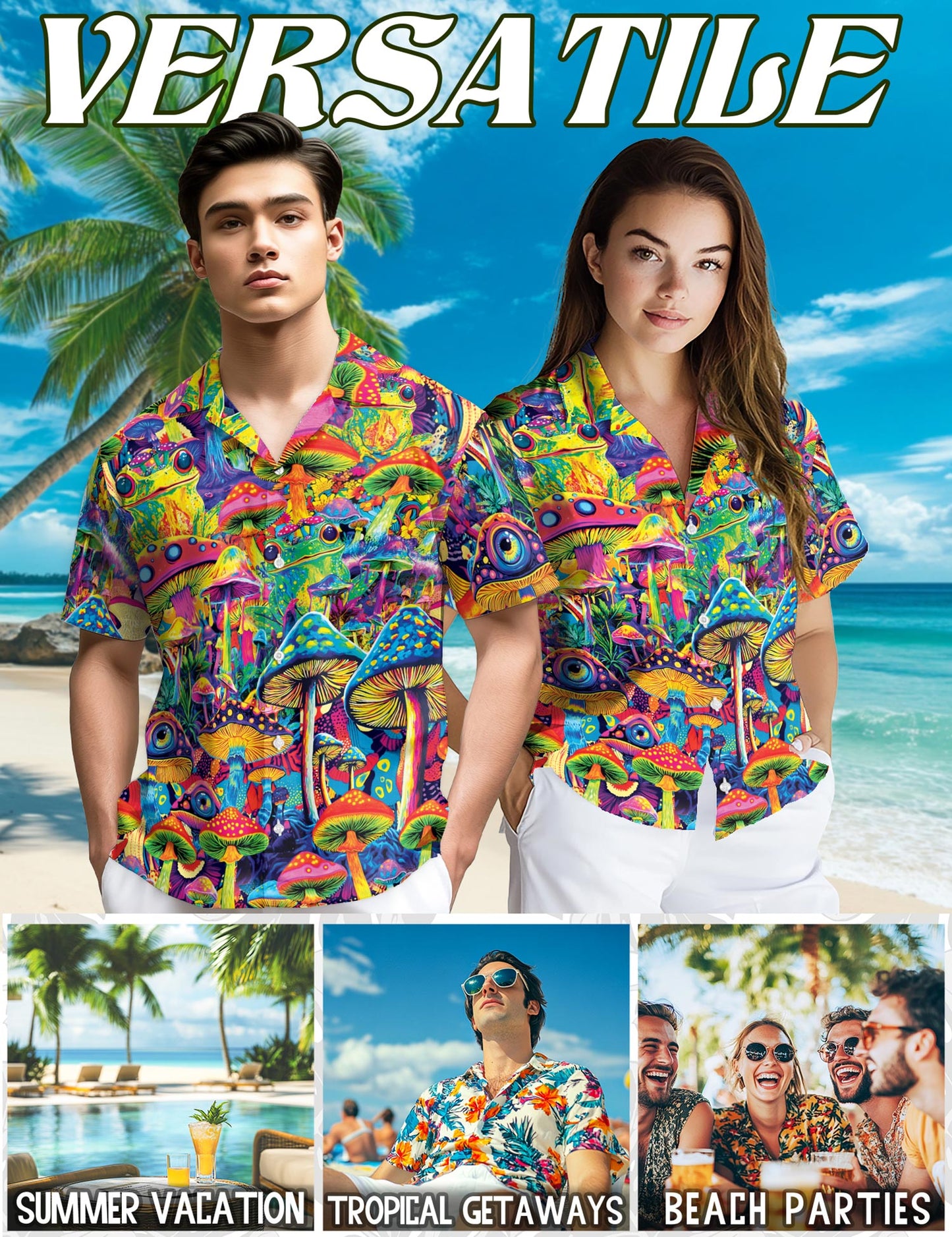 Netecom Hippie Mushroom Hawaiian Shirt for Men, Button Down Summer Beach Short Sleeve, S-5XL