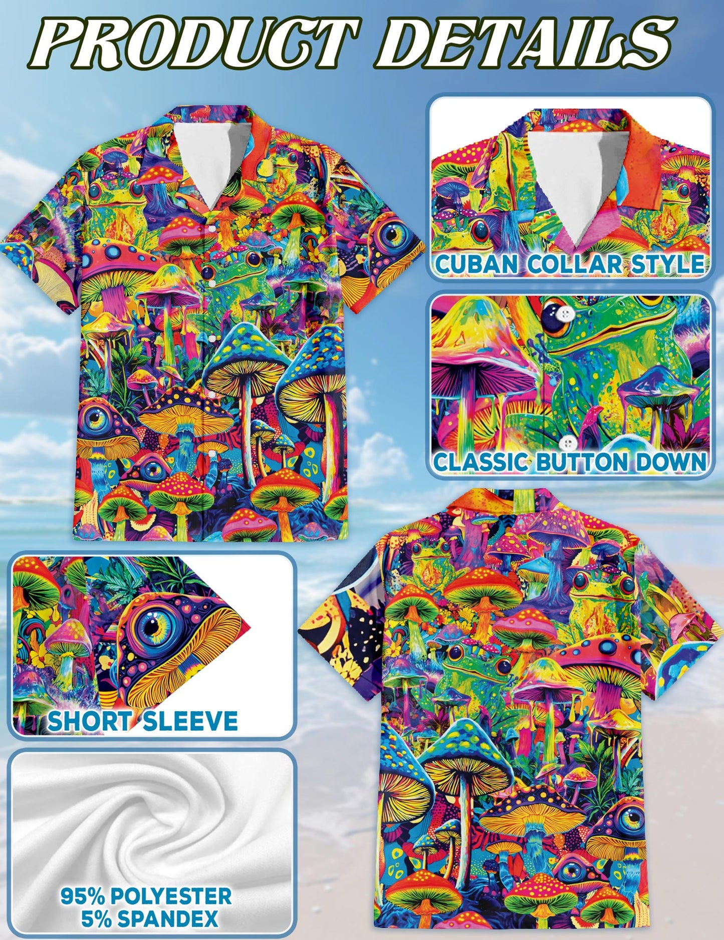 Netecom Hippie Mushroom Hawaiian Shirt for Men, Button Down Summer Beach Short Sleeve, S-5XL