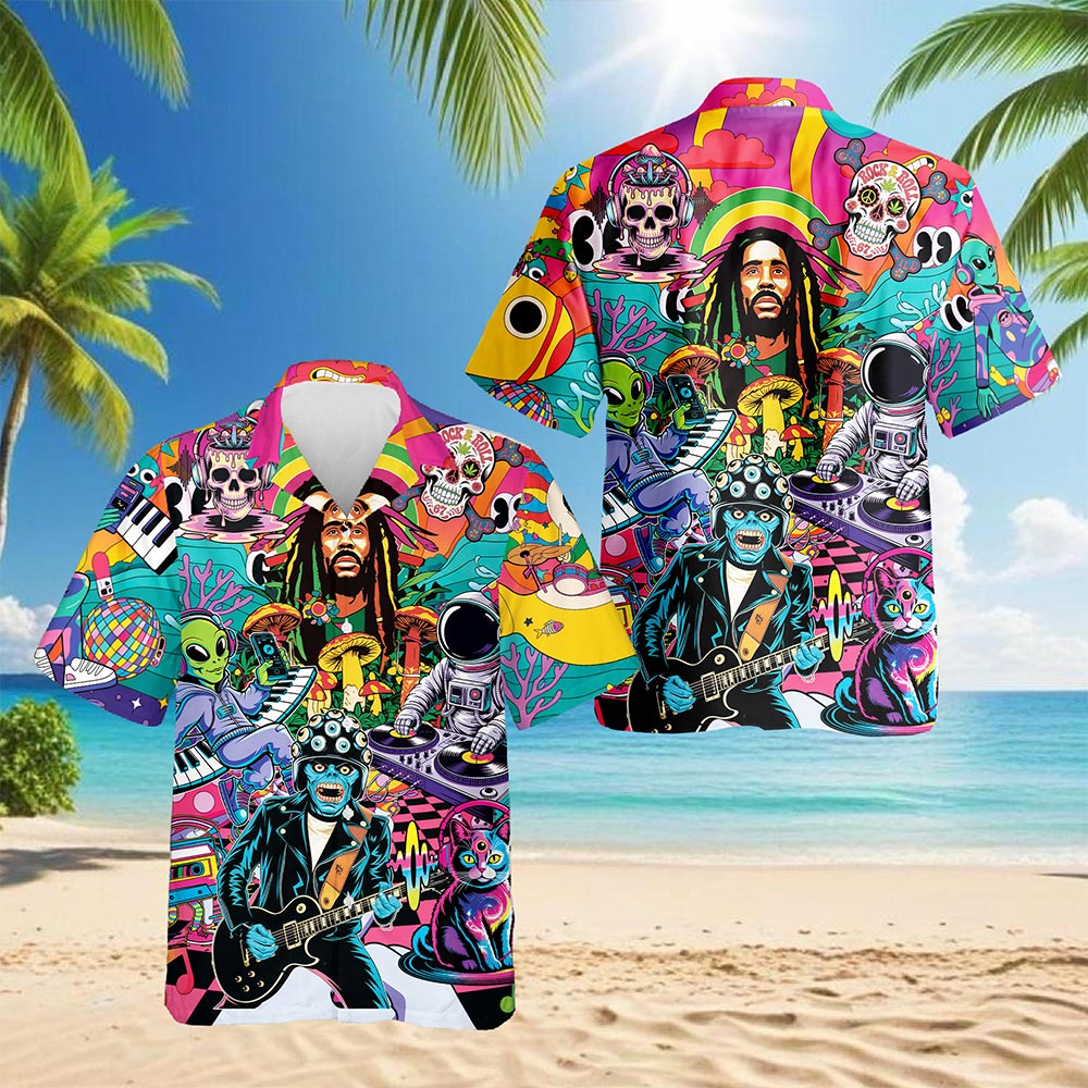 Netecom Hippie Music Hawaiian Shirt for Men Women, Musical Instruments Button Down Summer Beach Short Sleeve Shirts, S-5XL