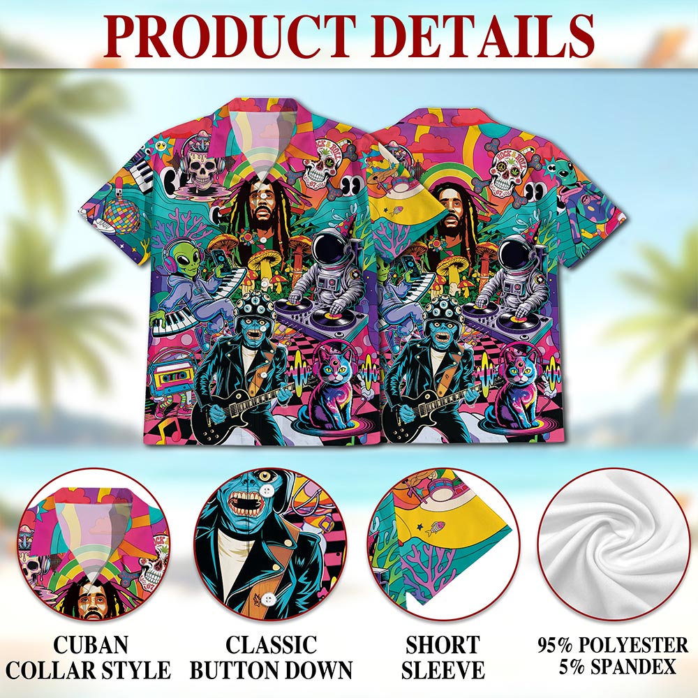 Netecom Hippie Music Hawaiian Shirt for Men Women, Musical Instruments Button Down Summer Beach Short Sleeve Shirts, S-5XL