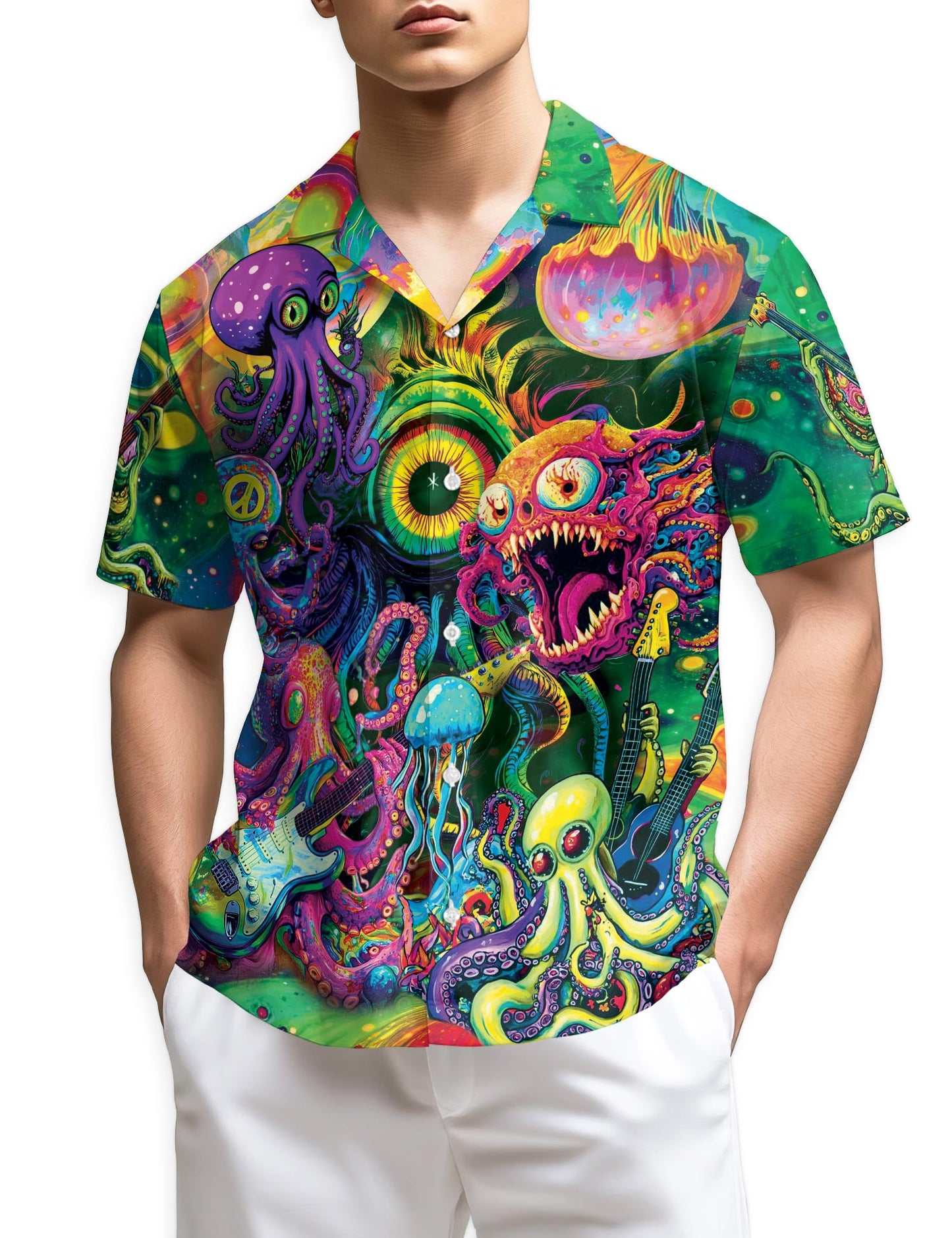 Netecom Hippie Octopus Play Guitar Hawaiian Shirt for Men