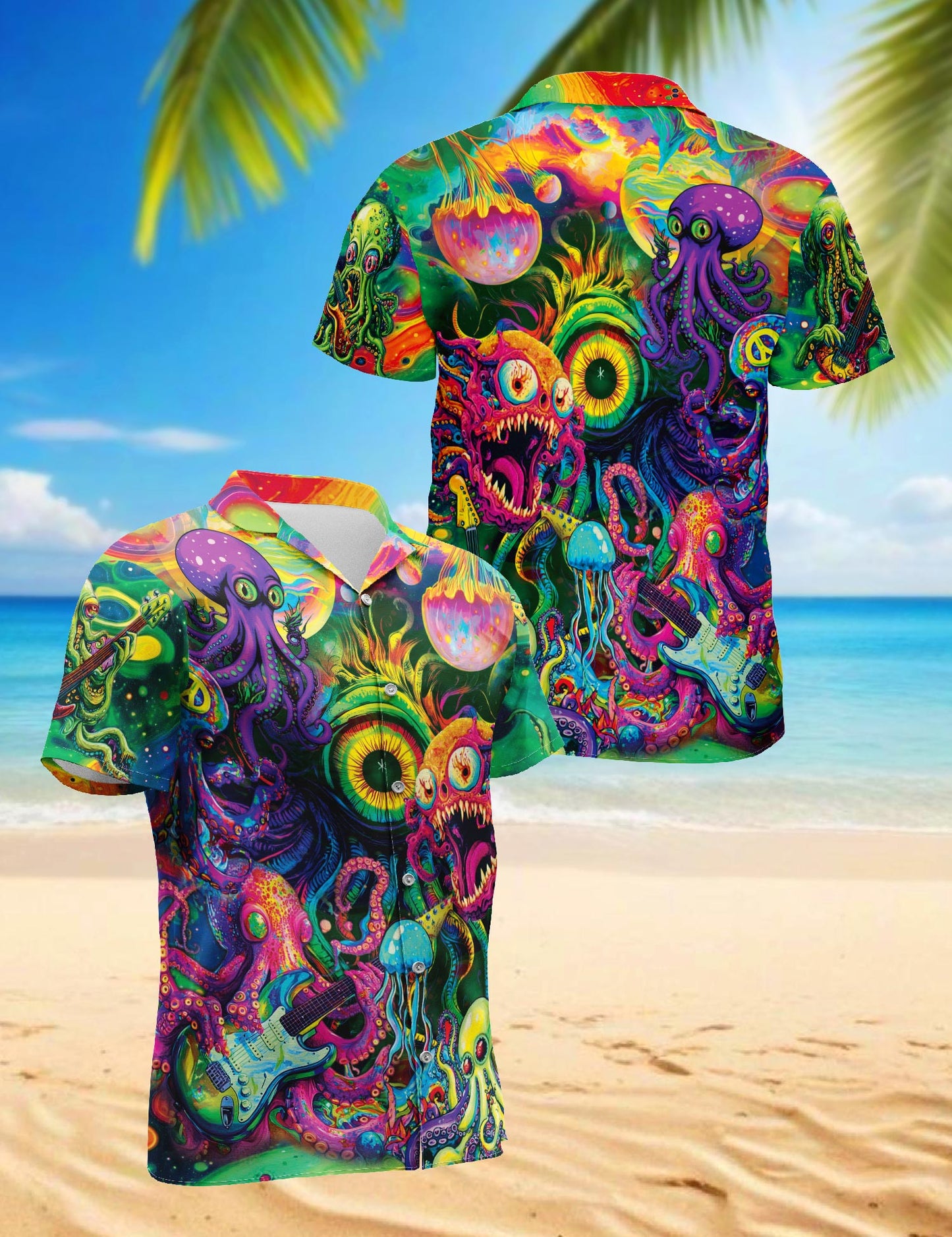 Netecom Hippie Octopus Play Guitar Hawaiian Shirt for Men, Button Down Summer Beach Short Sleeve, Sizes S-5XL