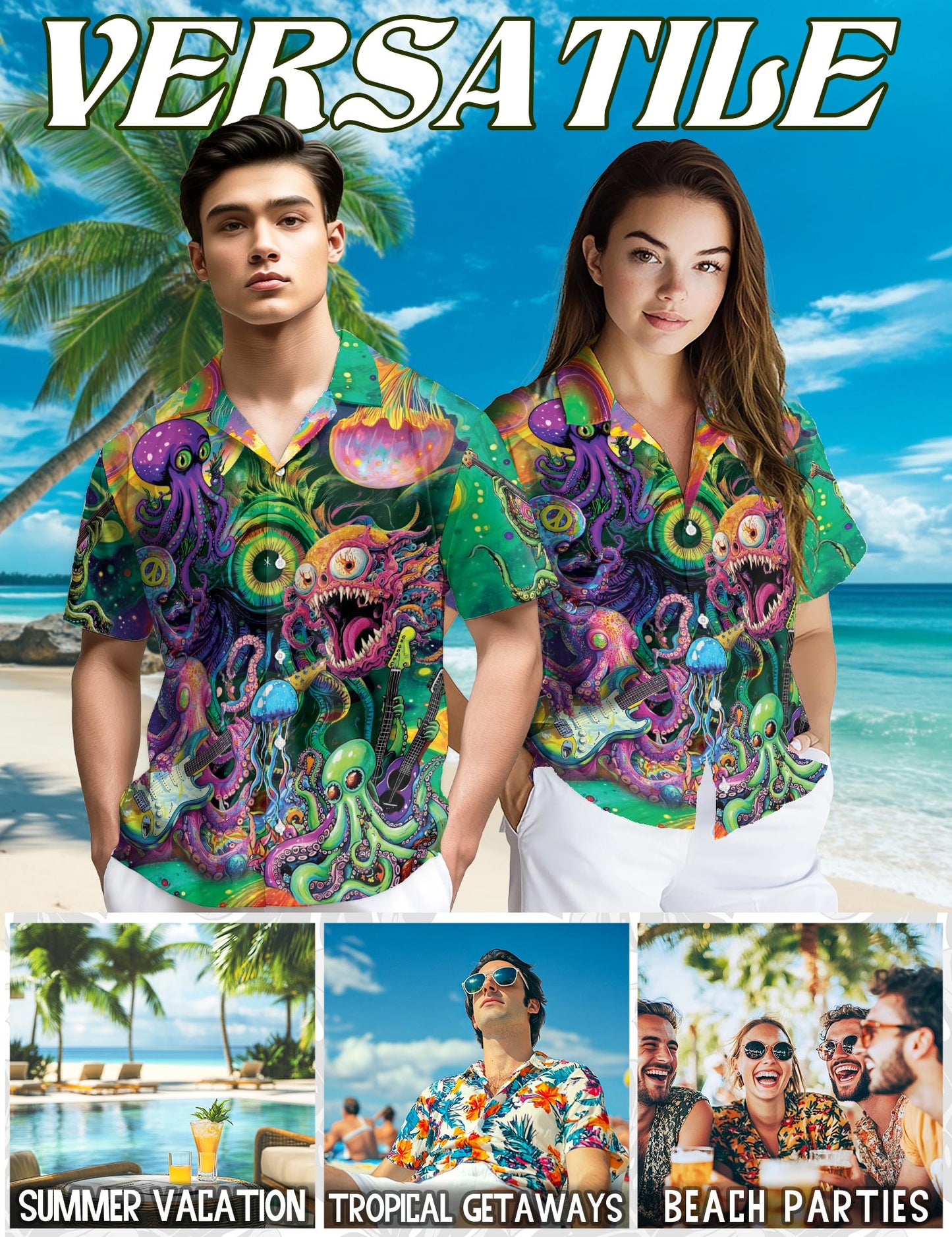 Netecom Hippie Octopus Play Guitar Hawaiian Shirt for Men, Button Down Summer Beach Short Sleeve, Sizes S-5XL