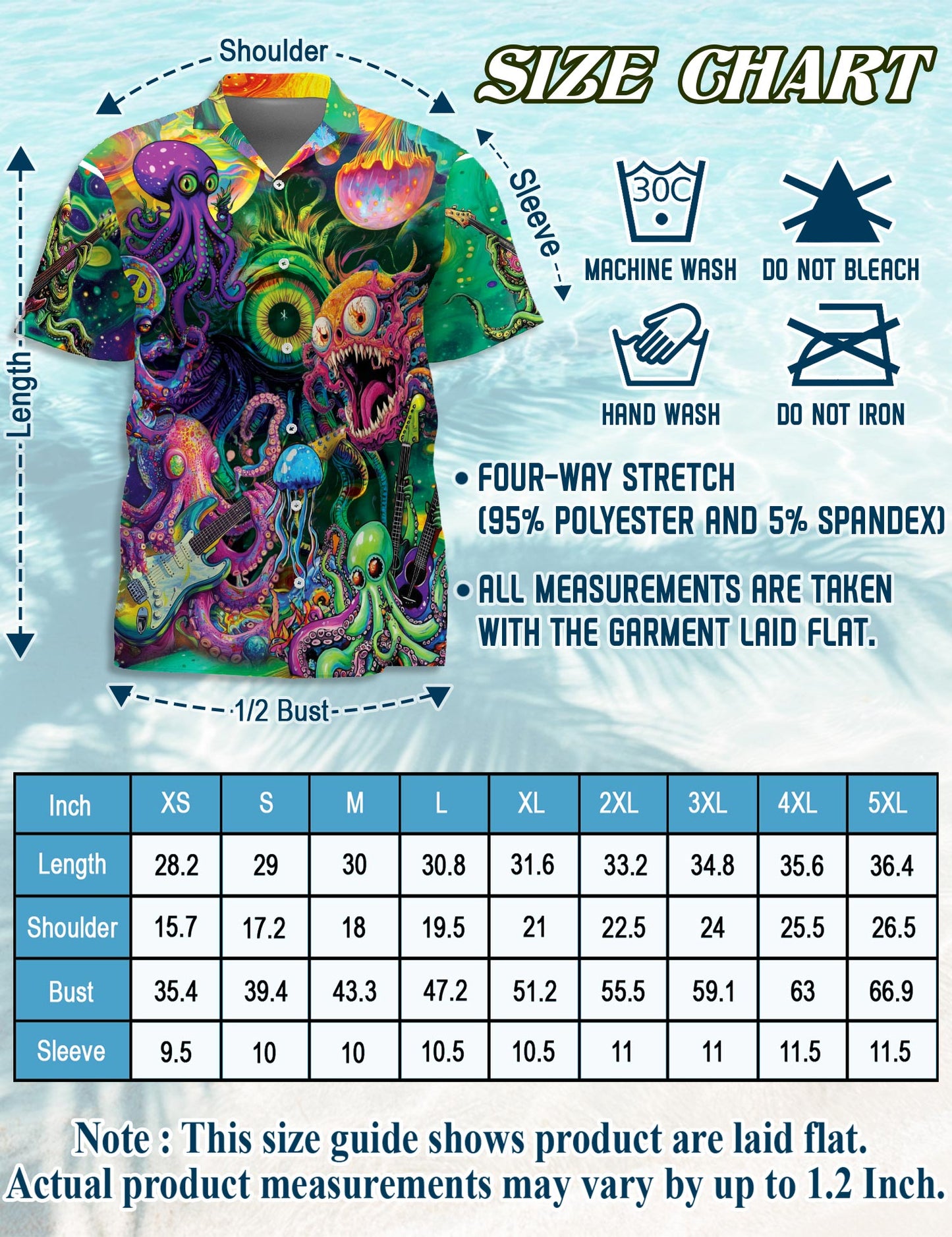 Netecom Hippie Octopus Play Guitar Hawaiian Shirt for Men, Button Down Summer Beach Short Sleeve, Sizes S-5XL