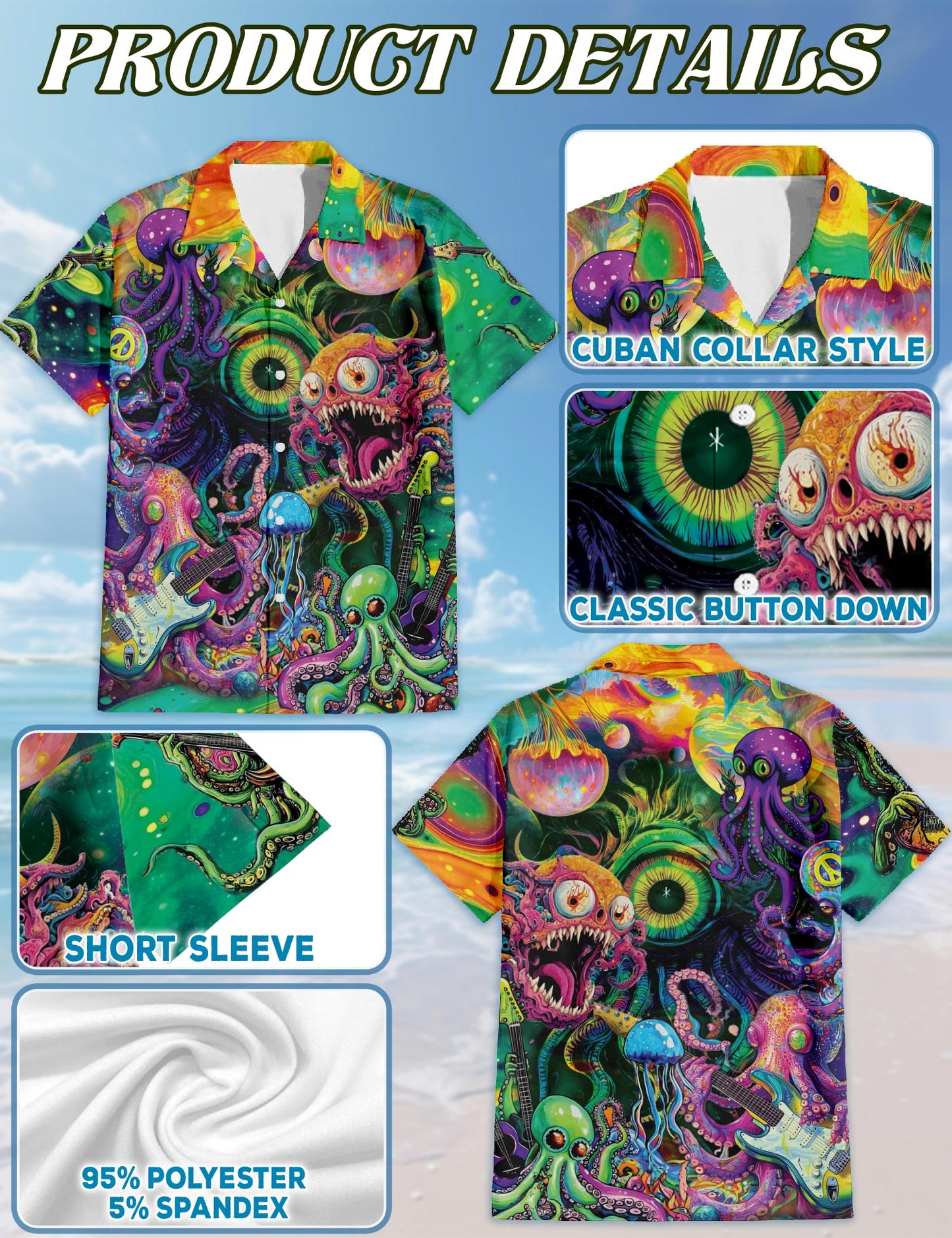 Netecom Hippie Octopus Play Guitar Hawaiian Shirt for Men, Button Down Summer Beach Short Sleeve, Sizes S-5XL