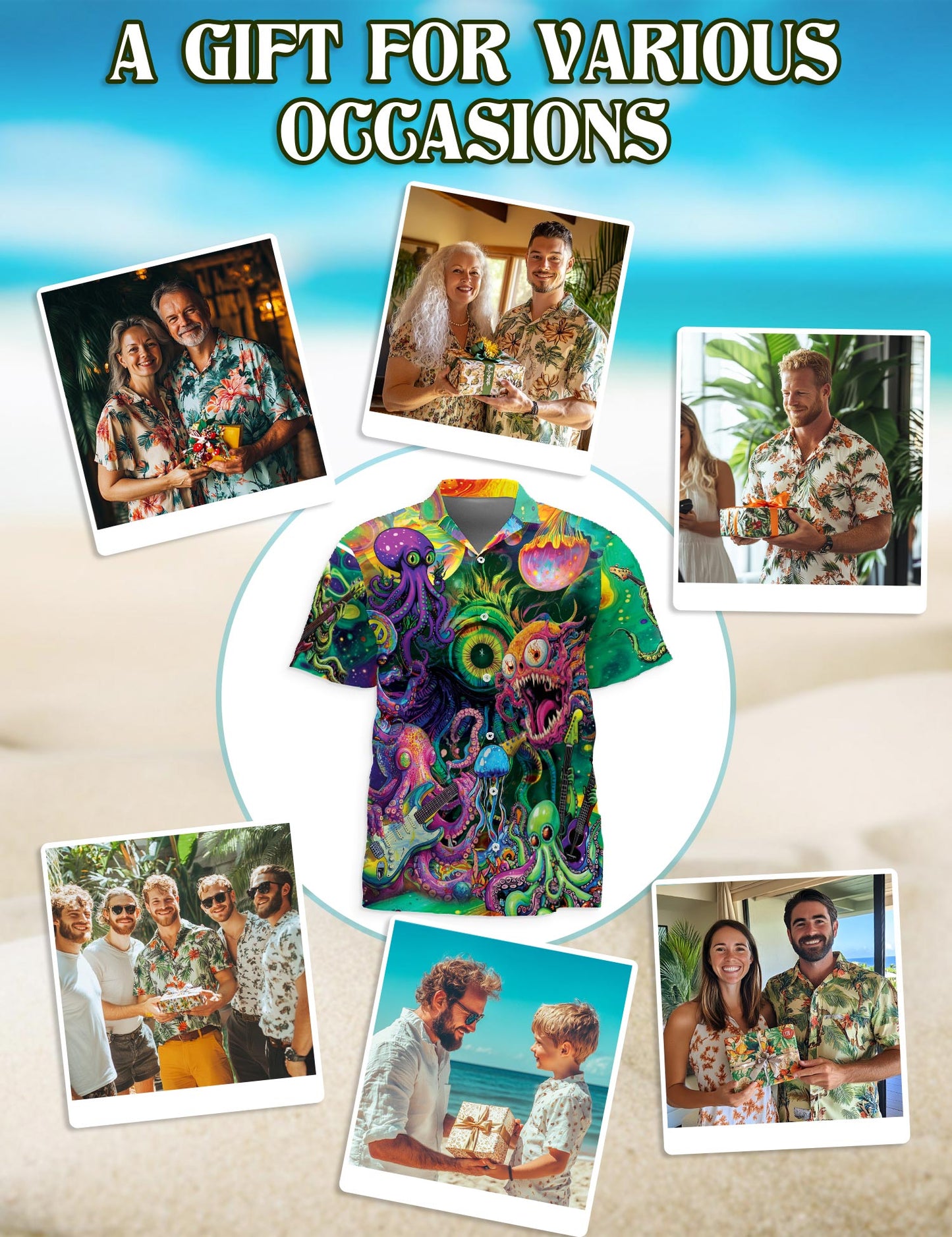 Netecom Hippie Octopus Play Guitar Hawaiian Shirt for Men, Button Down Summer Beach Short Sleeve, Sizes S-5XL