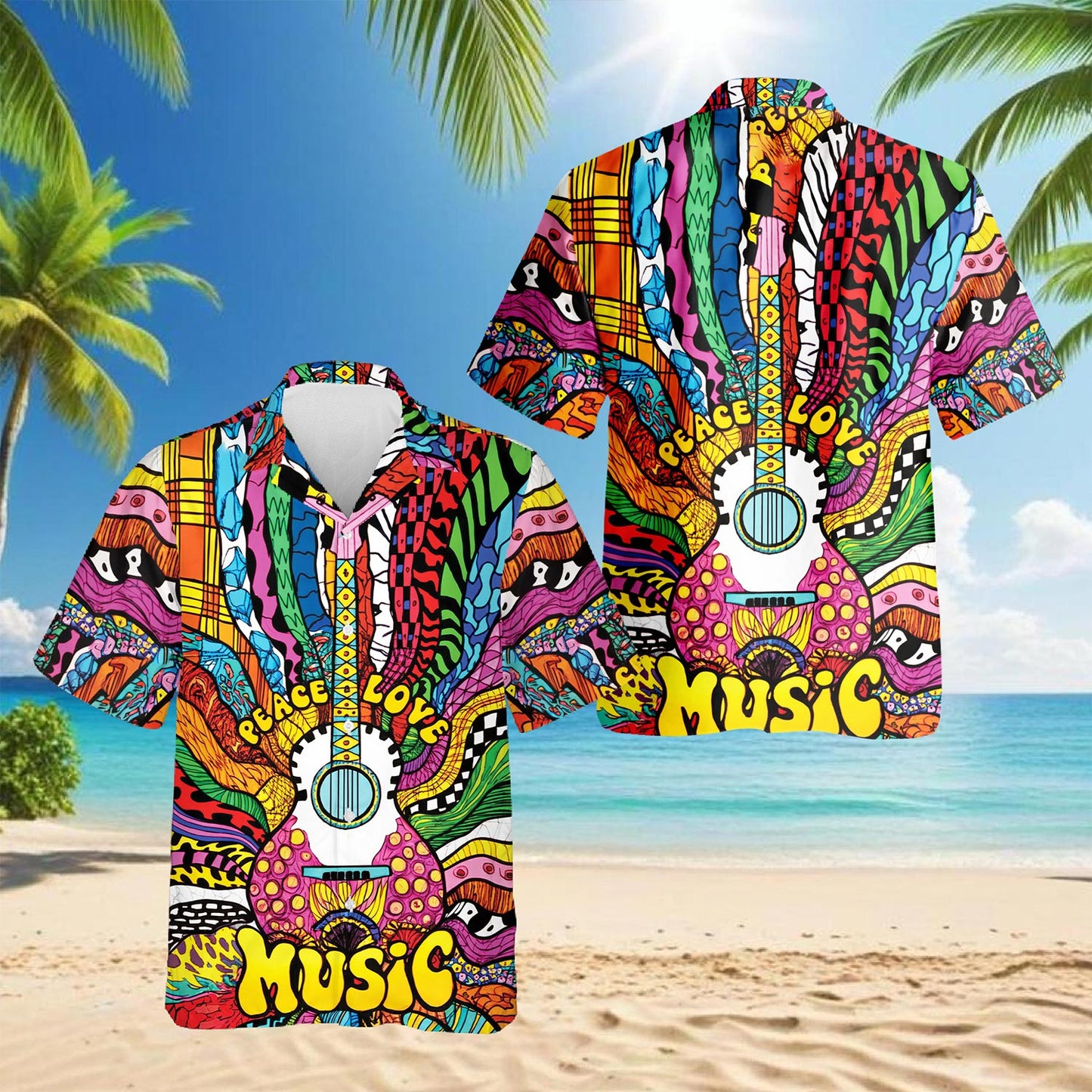 Netecom Hippie Peace Love Music Hawaiian Shirt for Men, Button Down Summer Beach Short Sleeve, Sizes S-5XL
