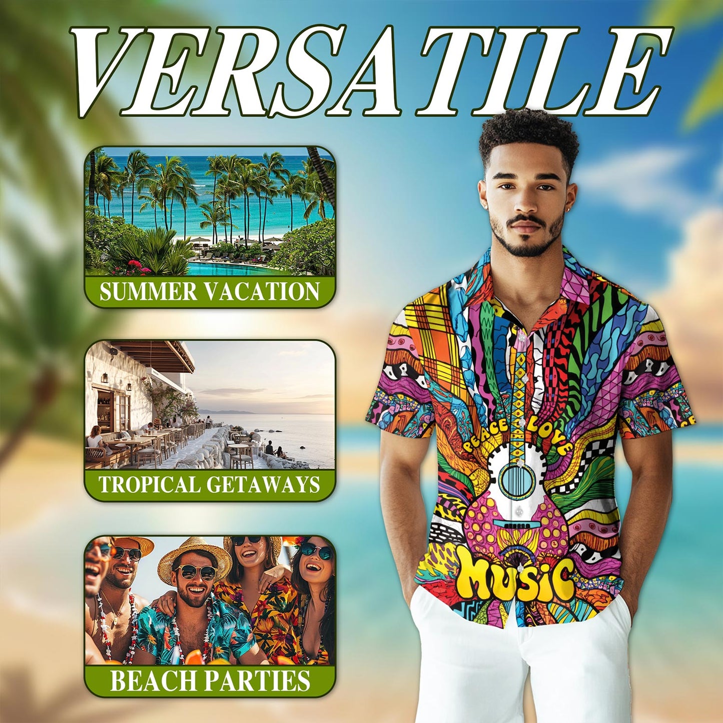 Netecom Hippie Peace Love Music Hawaiian Shirt for Men, Button Down Summer Beach Short Sleeve, Sizes S-5XL