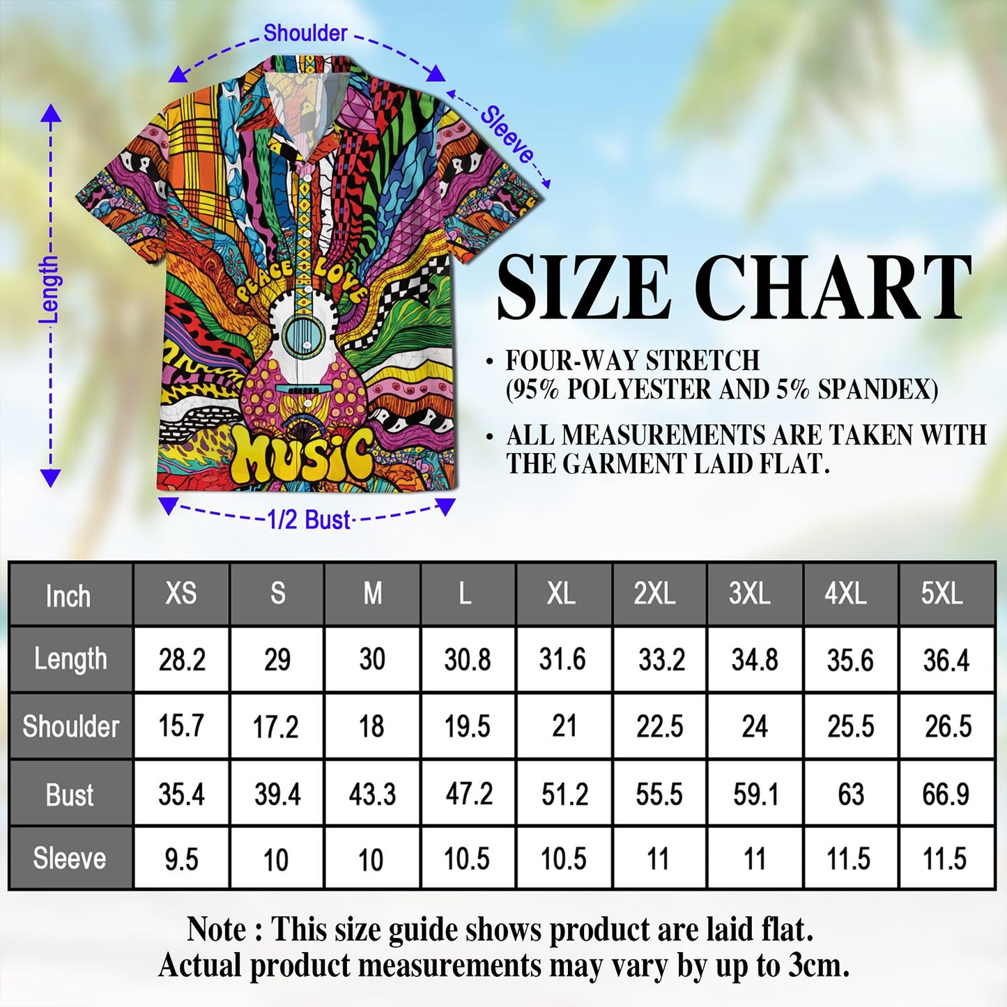 Netecom Hippie Peace Love Music Hawaiian Shirt for Men, Button Down Summer Beach Short Sleeve, Sizes S-5XL