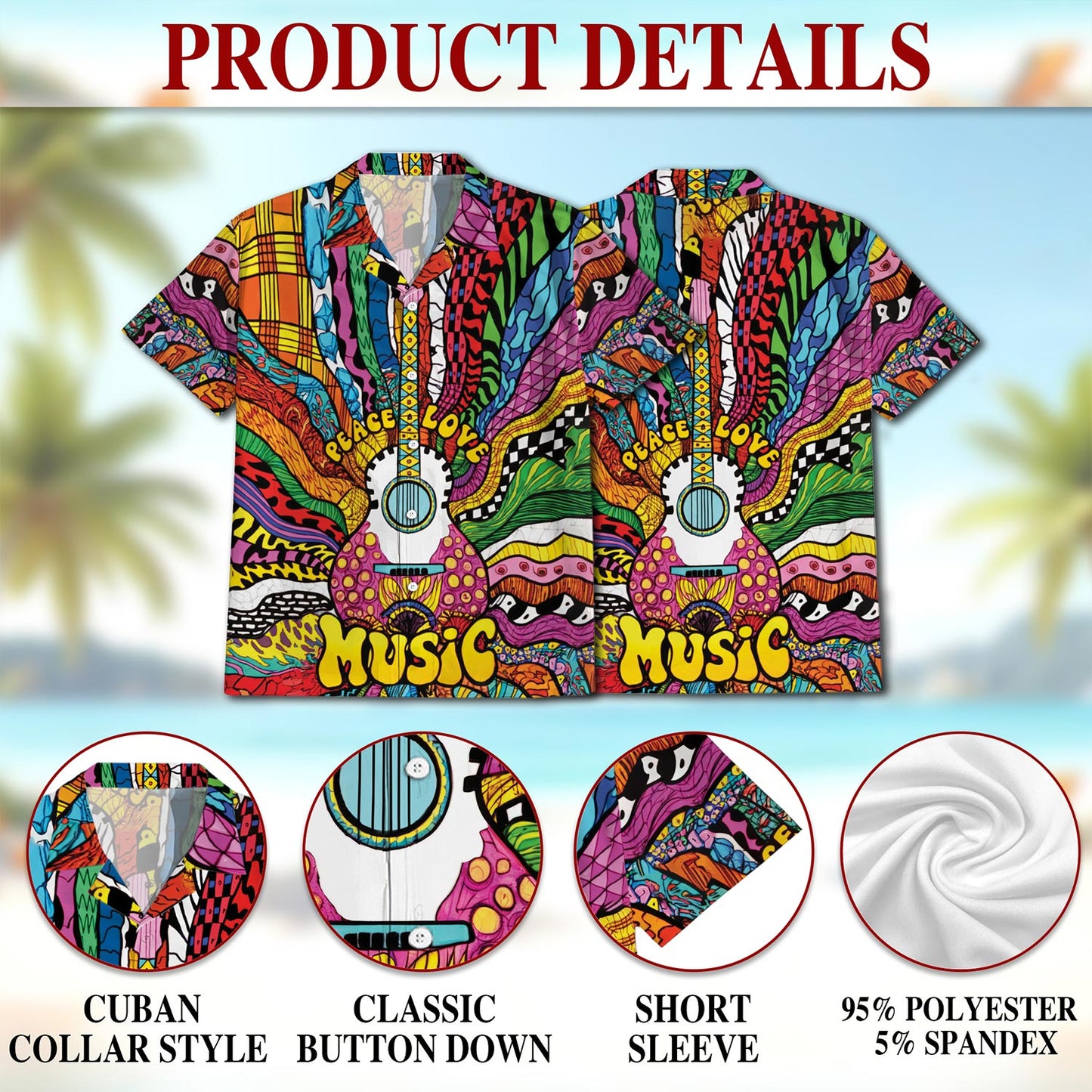 Netecom Hippie Peace Love Music Hawaiian Shirt for Men, Button Down Summer Beach Short Sleeve, Sizes S-5XL
