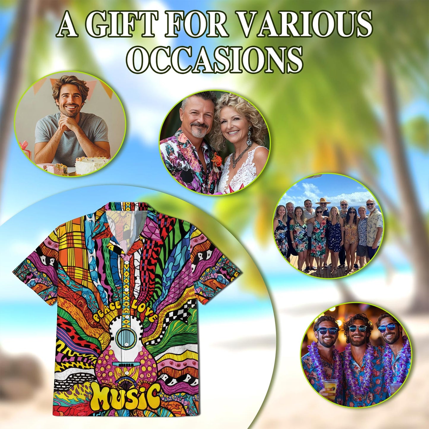 Netecom Hippie Peace Love Music Hawaiian Shirt for Men, Button Down Summer Beach Short Sleeve, Sizes S-5XL