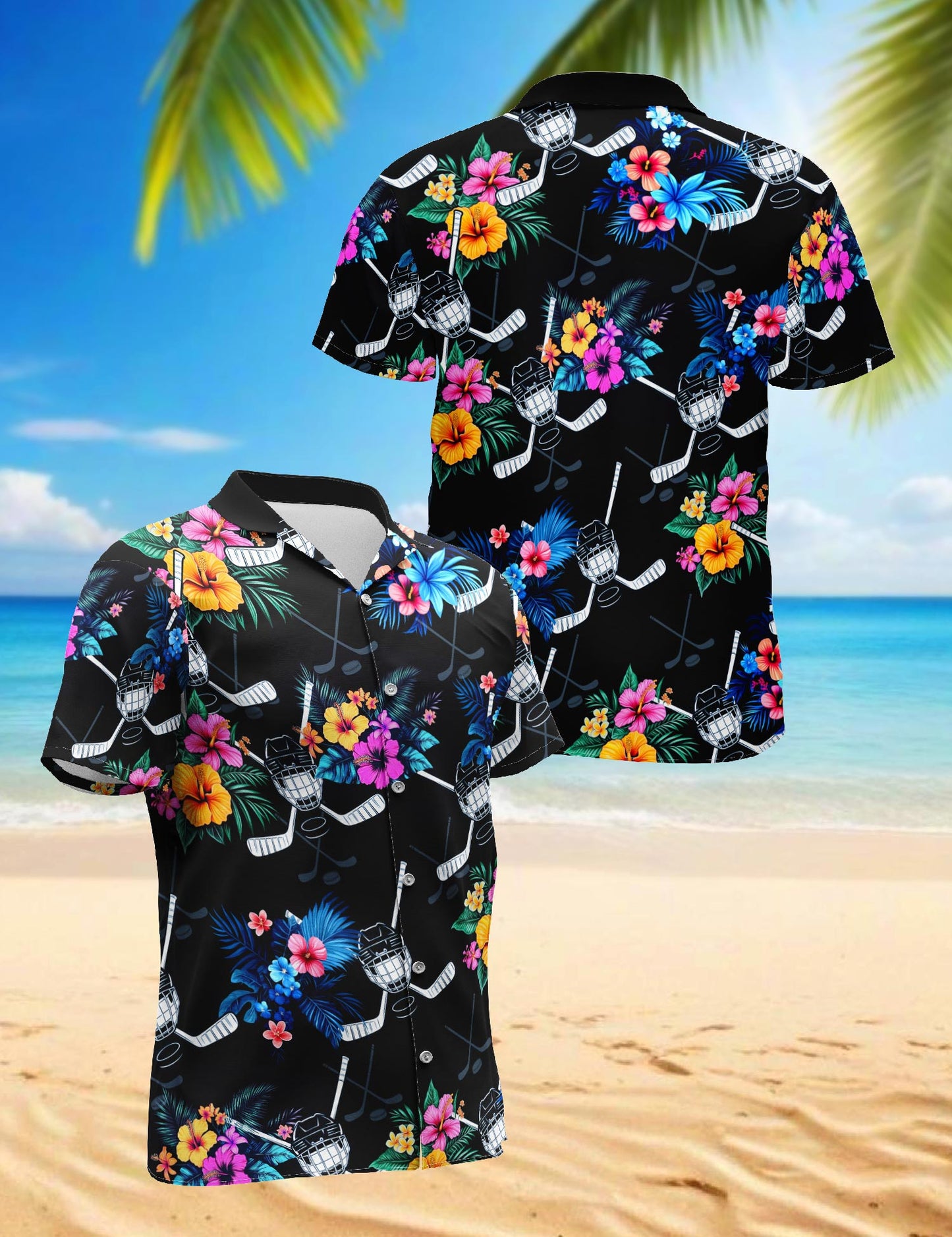 Netecom Hockey Hawaiian Shirt for Men, Tropical Style, Button Down Summer Beach Short Sleeve, S-5XL