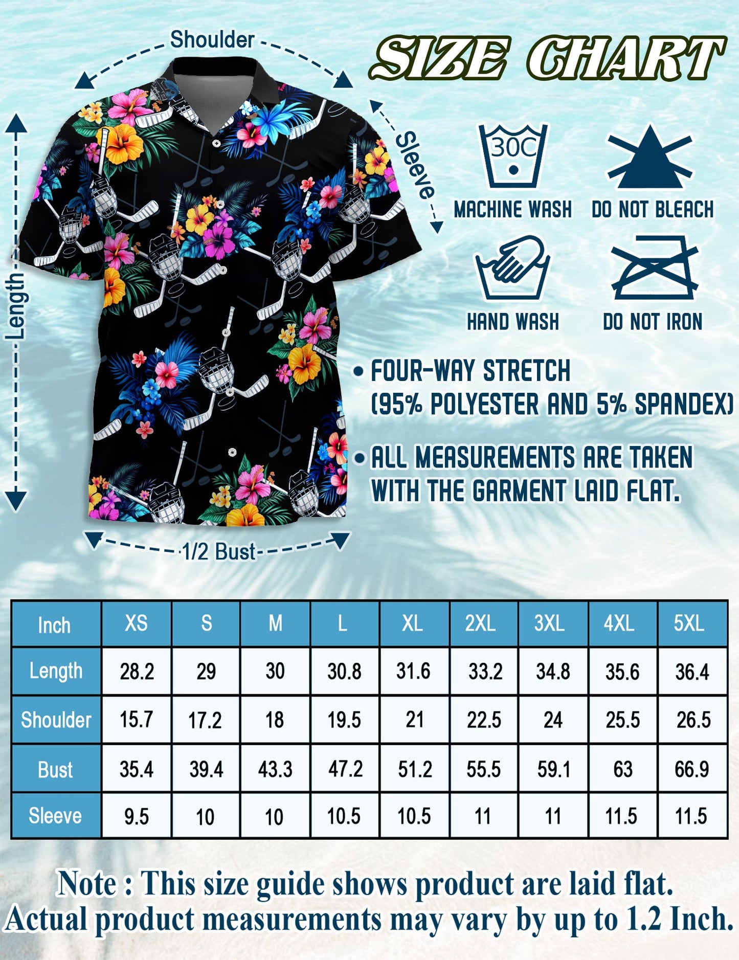 Netecom Hockey Hawaiian Shirt for Men, Tropical Style, Button Down Summer Beach Short Sleeve, S-5XL