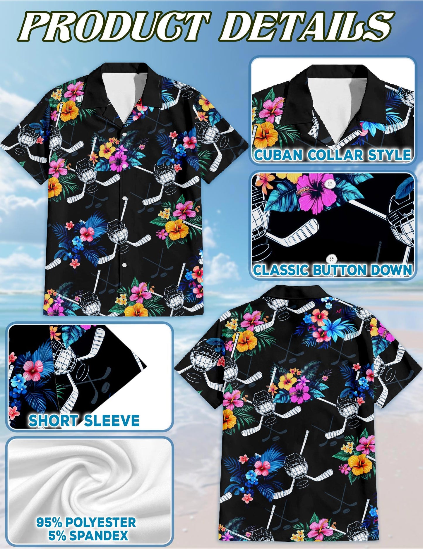 Netecom Hockey Hawaiian Shirt for Men, Tropical Style, Button Down Summer Beach Short Sleeve, S-5XL