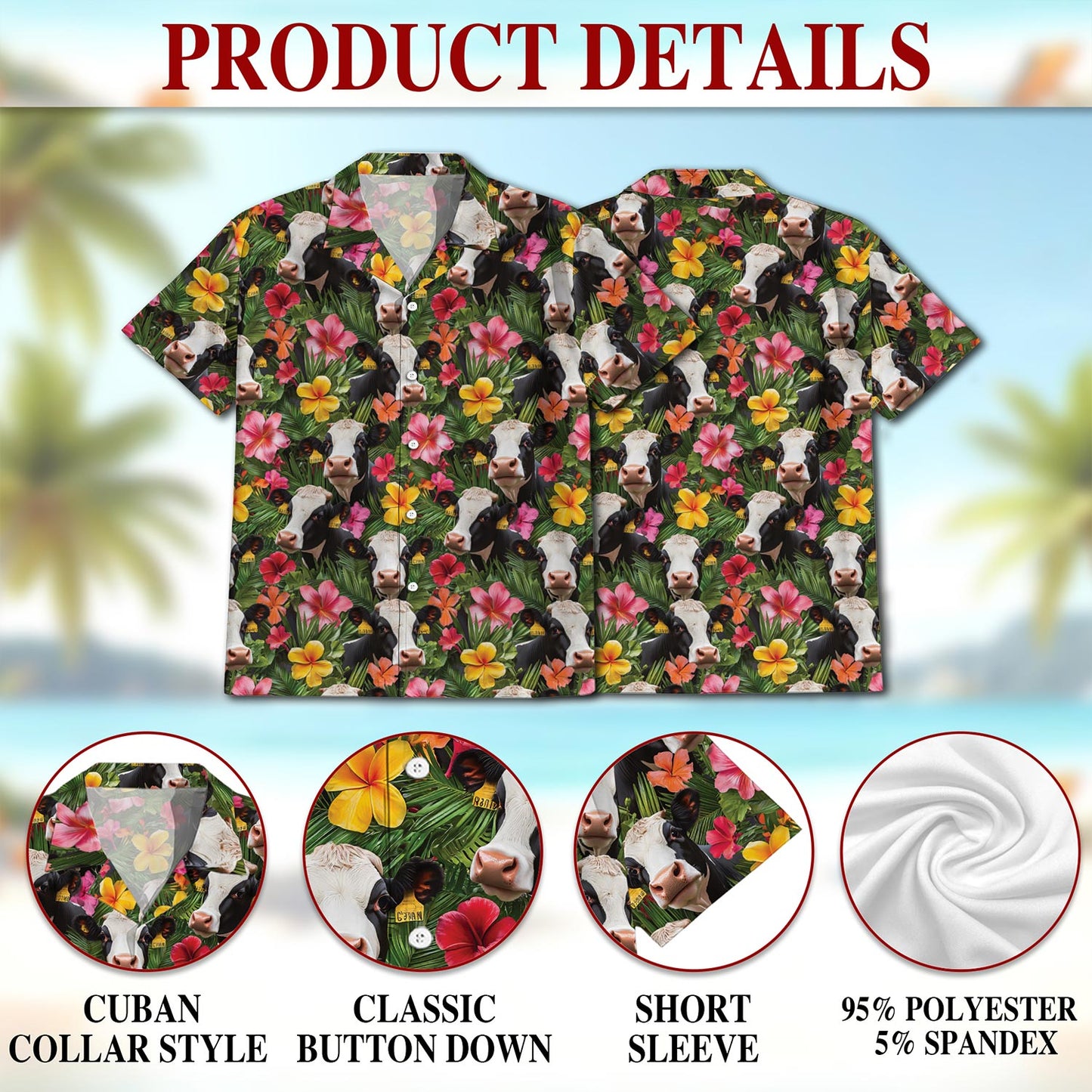 Netecom Holstein Cow Hawaiian Shirt for Men, Button Down Summer Beach Short Sleeve, Tropical Style, Sizes S-5XL