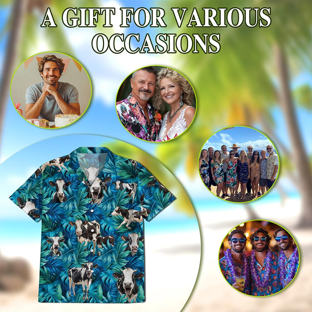 Netecom Holstein Friesian Cattle Hawaiian Shirt for Men, Tropical Holstein Cow Button Down Summer Beach Short Sleeve, S-5XL