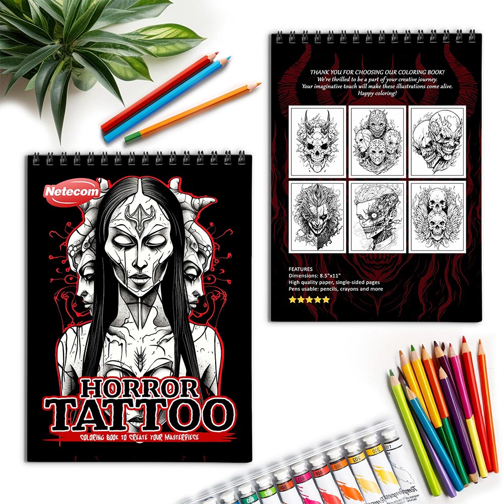 Netecom Horror Tattoo Spiral Coloring Book for Adults