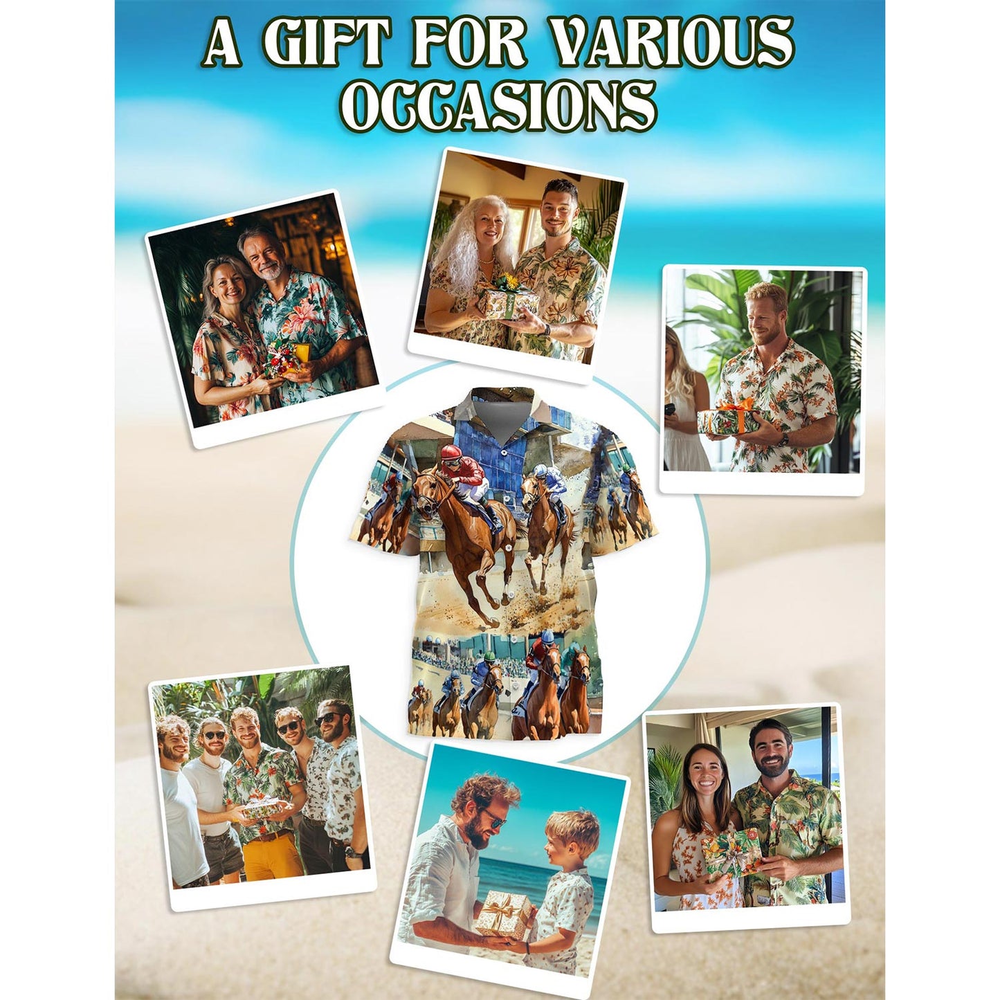 Netecom Horse Racing Hawaiian Shirt for Men, Button Down Summer Beach Short Sleeve, Animal Lover Gifts, S-5XL