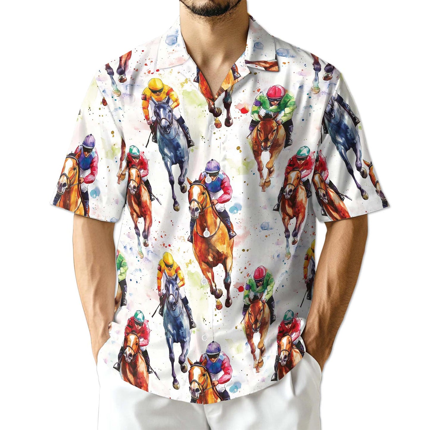 Netecom Horse Racing Pattern Hawaiian Shirt for Men, Button Down Summer Beach Short Sleeve, S-5XL