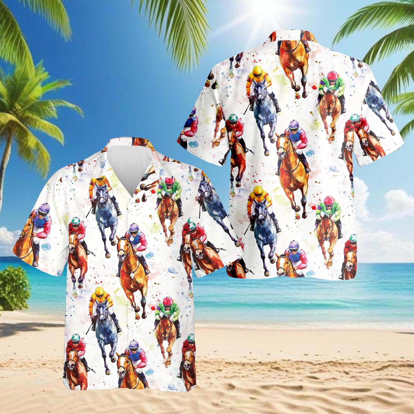 Netecom Horse Racing Pattern Hawaiian Shirt for Men, Button Down Summer Beach Short Sleeve, S-5XL