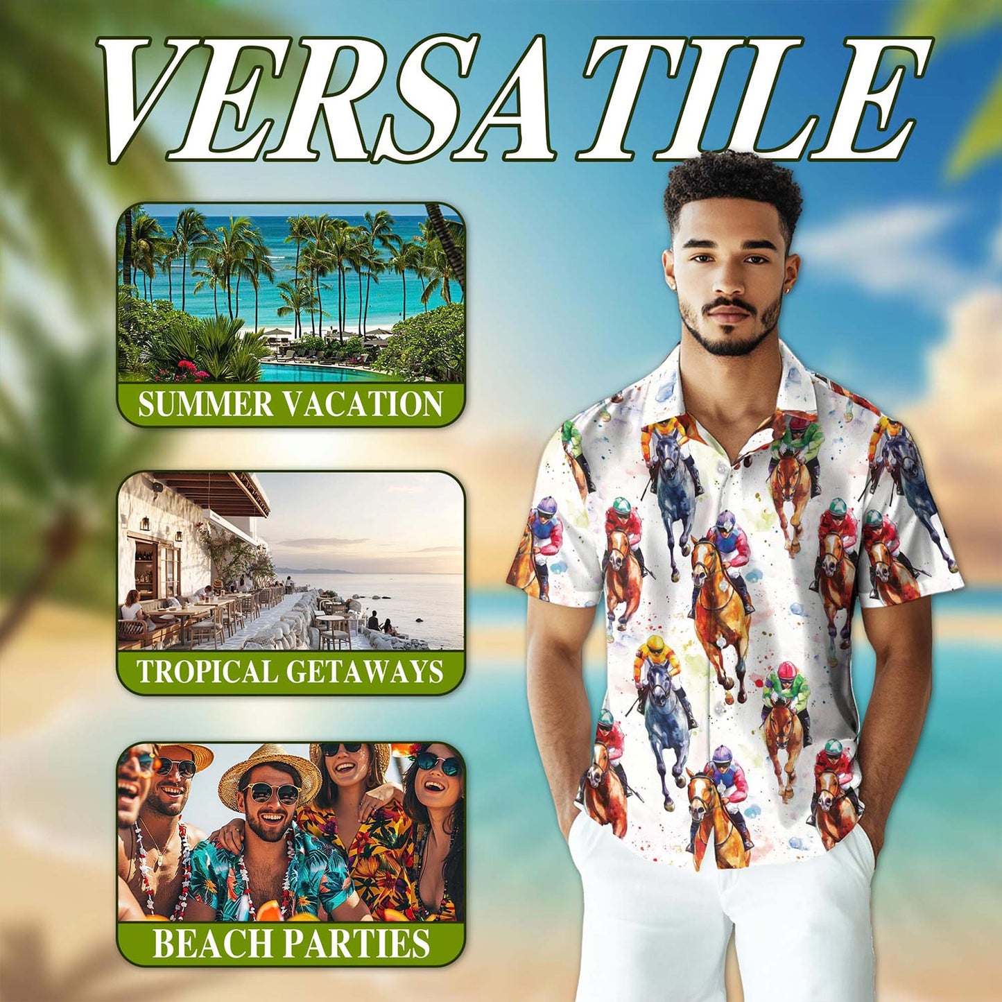 Netecom Horse Racing Pattern Hawaiian Shirt for Men, Button Down Summer Beach Short Sleeve, S-5XL