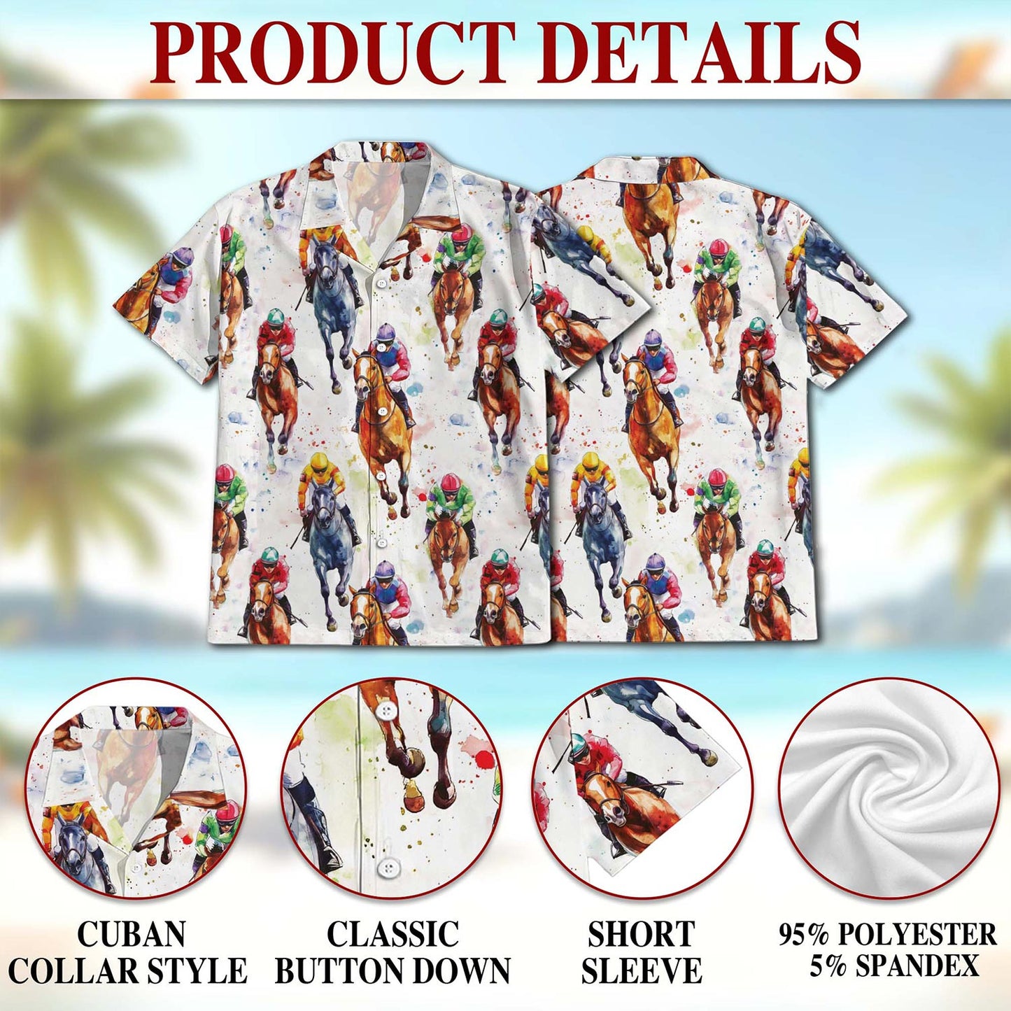 Netecom Horse Racing Pattern Hawaiian Shirt for Men, Button Down Summer Beach Short Sleeve, S-5XL