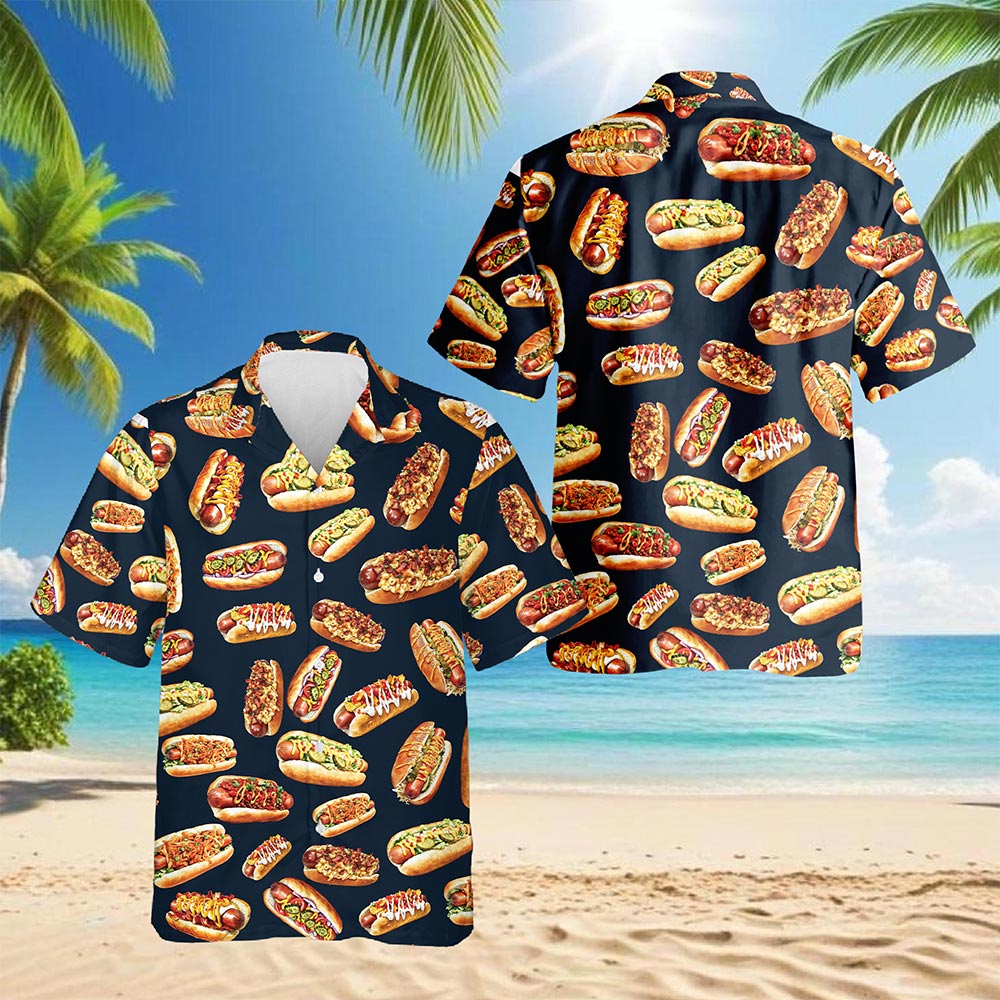 Netecom Hot Dog Pattern Print Hawaiian Shirt for Men, Fast Food Lover Gifts, Button Down Summer Beach Short Sleeve, S-5XL