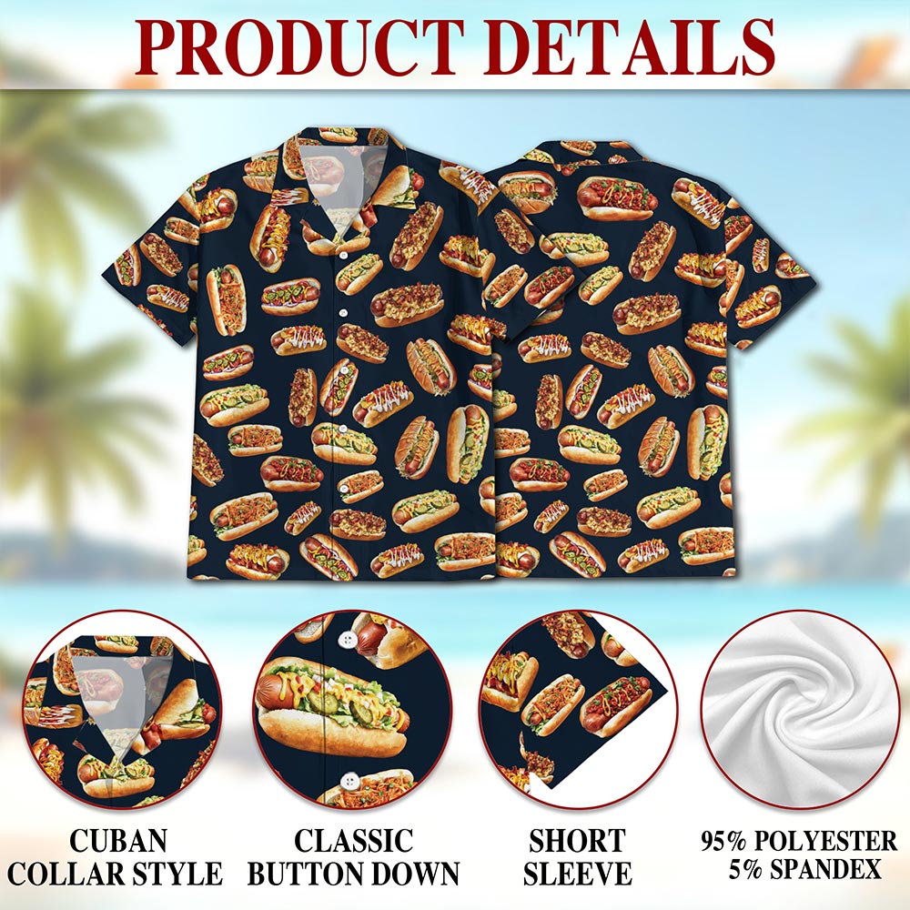 Netecom Hot Dog Pattern Print Hawaiian Shirt for Men, Fast Food Lover Gifts, Button Down Summer Beach Short Sleeve, S-5XL