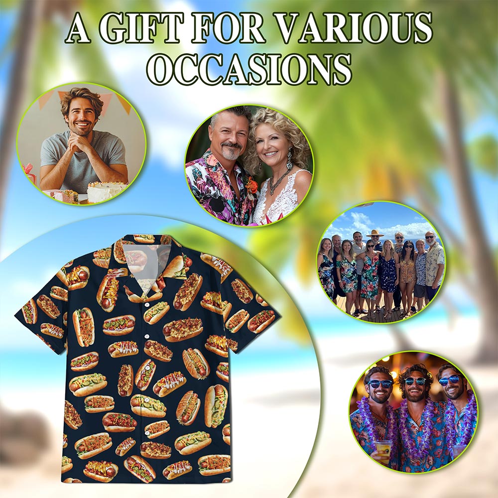 Netecom Hot Dog Pattern Print Hawaiian Shirt for Men, Fast Food Lover Gifts, Button Down Summer Beach Short Sleeve, S-5XL