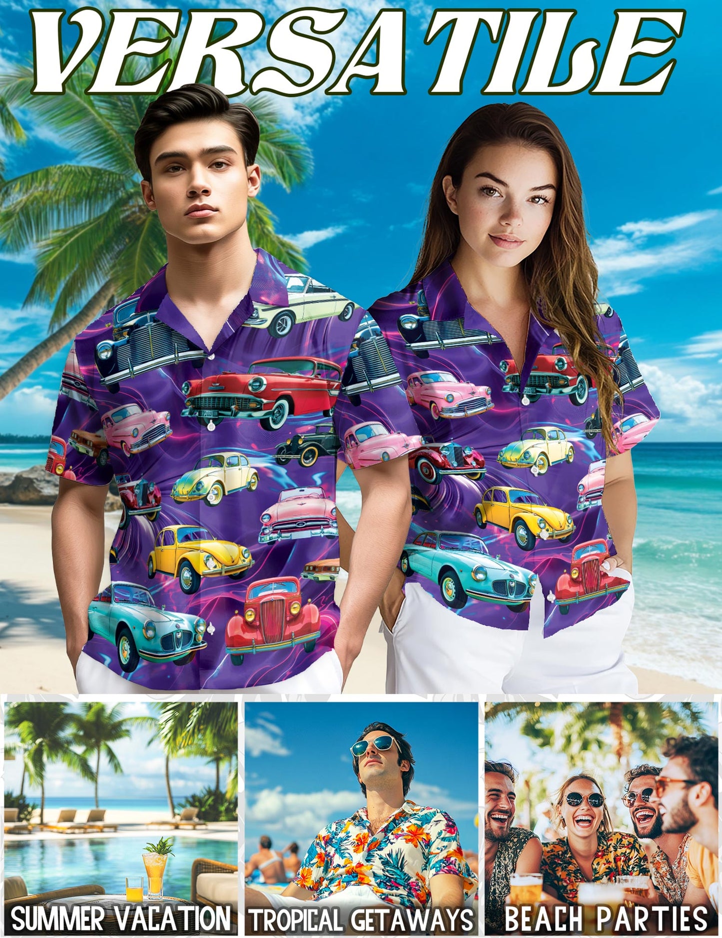Netecom Hot Rod Classic Cars Hawaiian Shirt for Men, Vintage Style, Button Down Summer Beach Short Sleeve, S-5XL