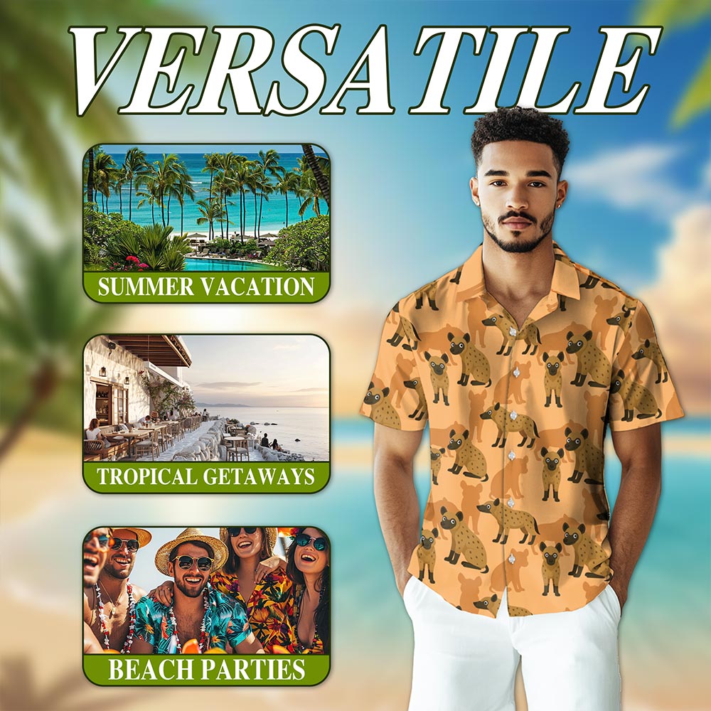 Netecom Hyena Pattern Hawaiian Shirt for Men, Retro Style, Button Down Summer Beach Short Sleeve, S-5XL