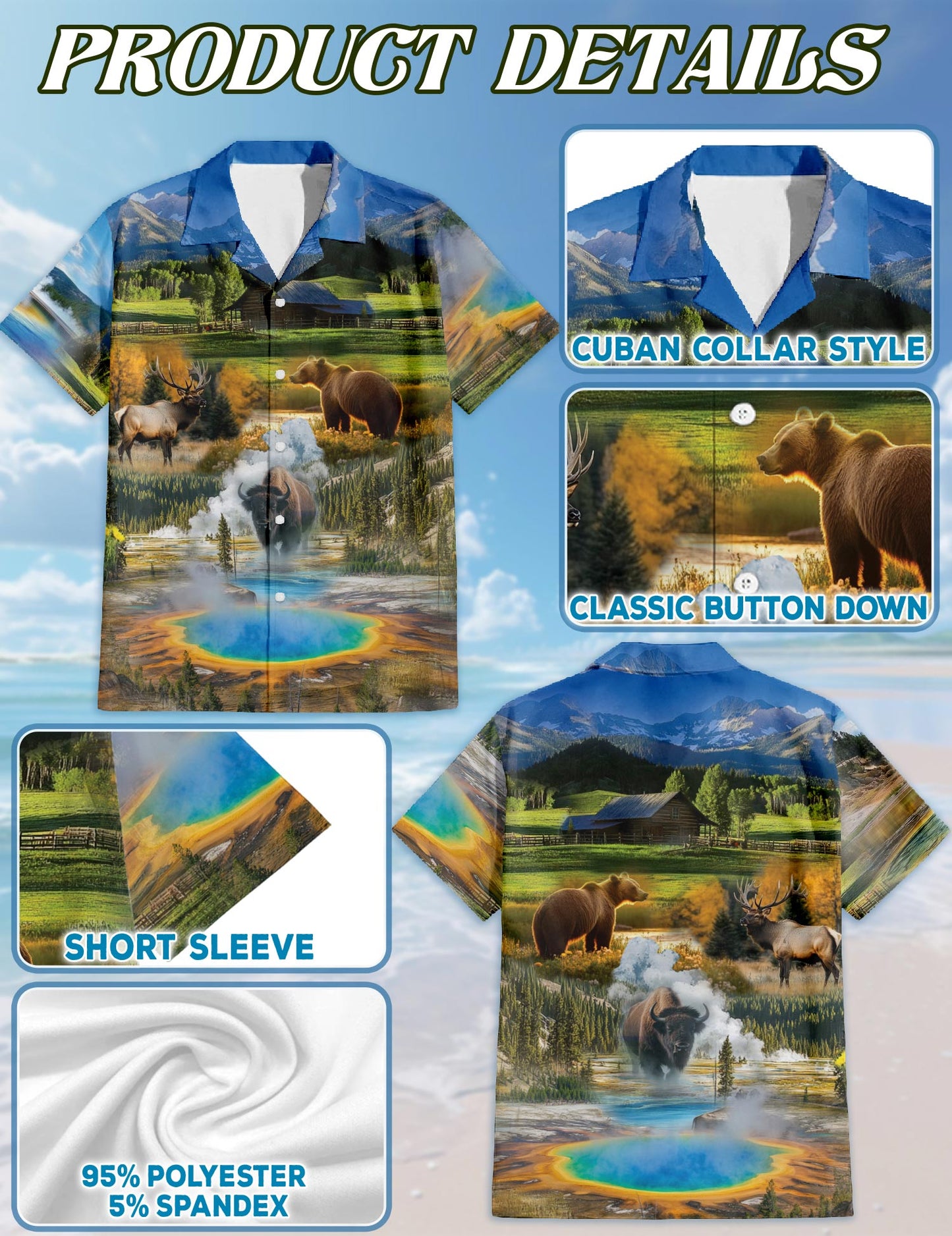 Netecom I Love Yellowstone National Park Hawaiian Shirt for Men, Button Down Summer Beach Short Sleeve, Sizes S-5XL