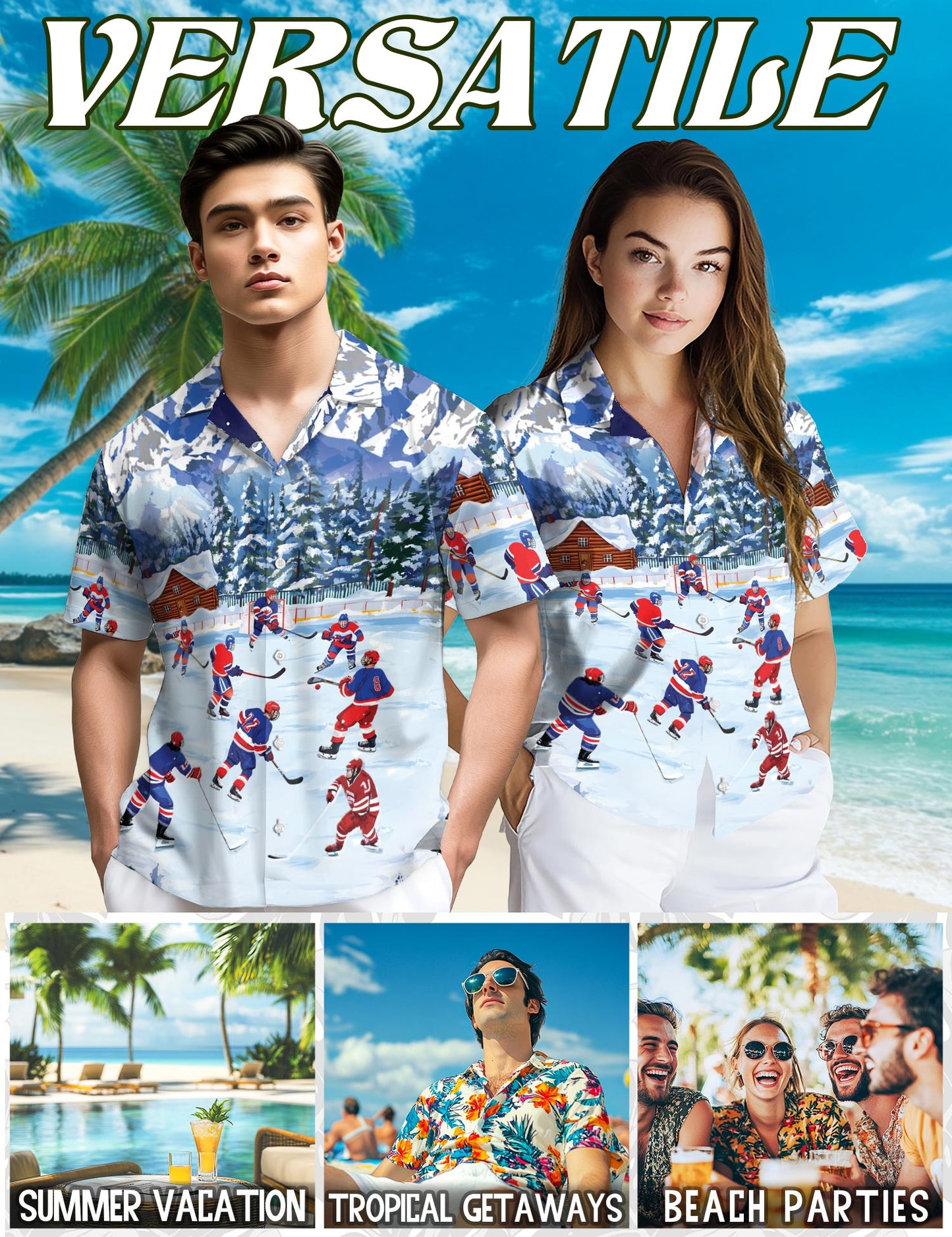 Netecom Ice Hockey Hawaiian Shirt for Men, Button Down Summer Beach Short Sleeve, Sizes S-5XL