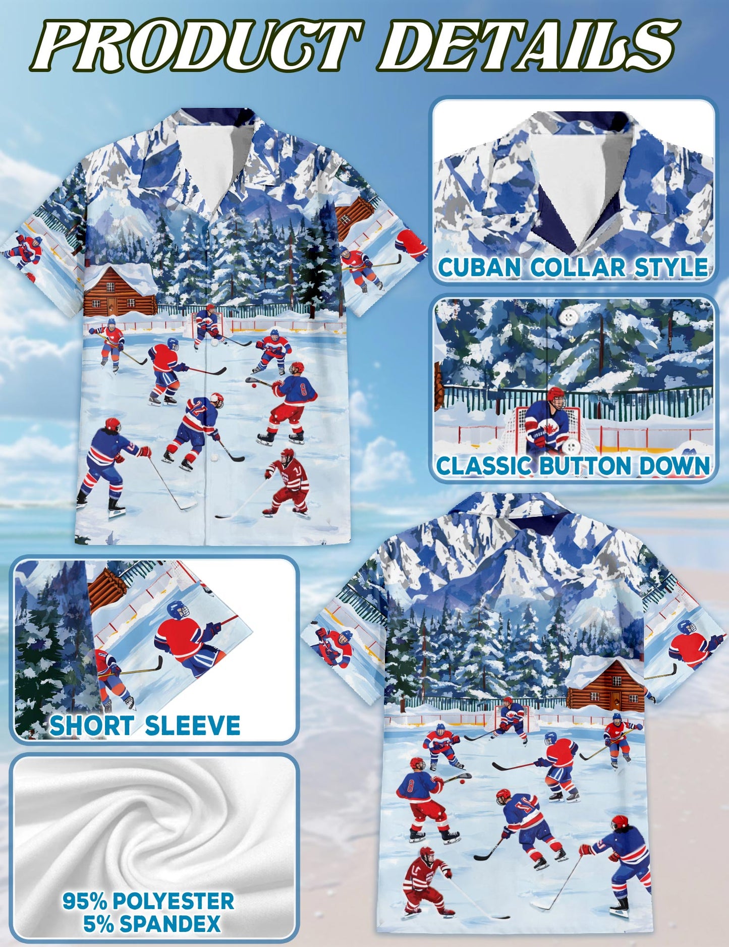 Netecom Ice Hockey Hawaiian Shirt for Men, Button Down Summer Beach Short Sleeve, Sizes S-5XL