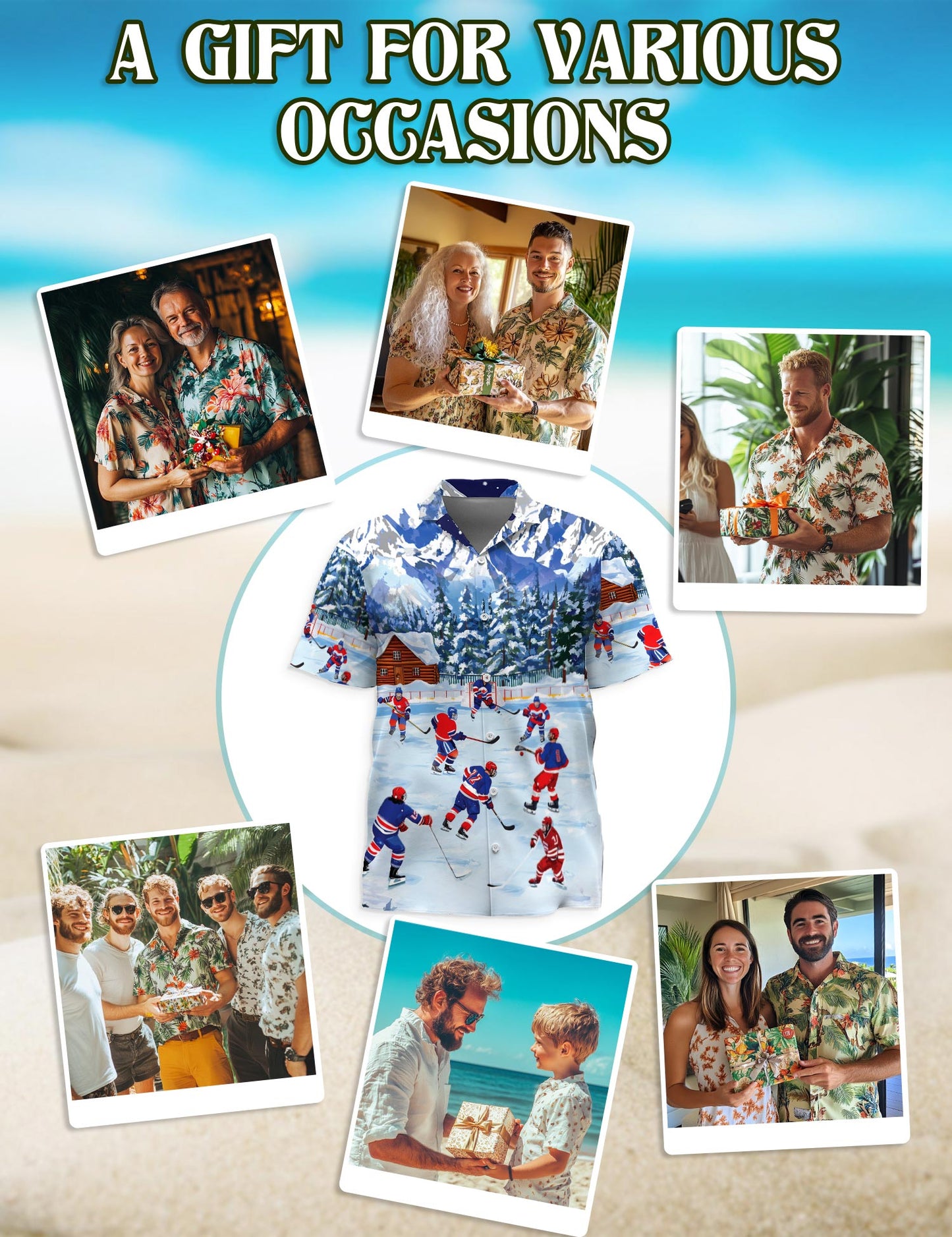 Netecom Ice Hockey Hawaiian Shirt for Men, Button Down Summer Beach Short Sleeve, Sizes S-5XL