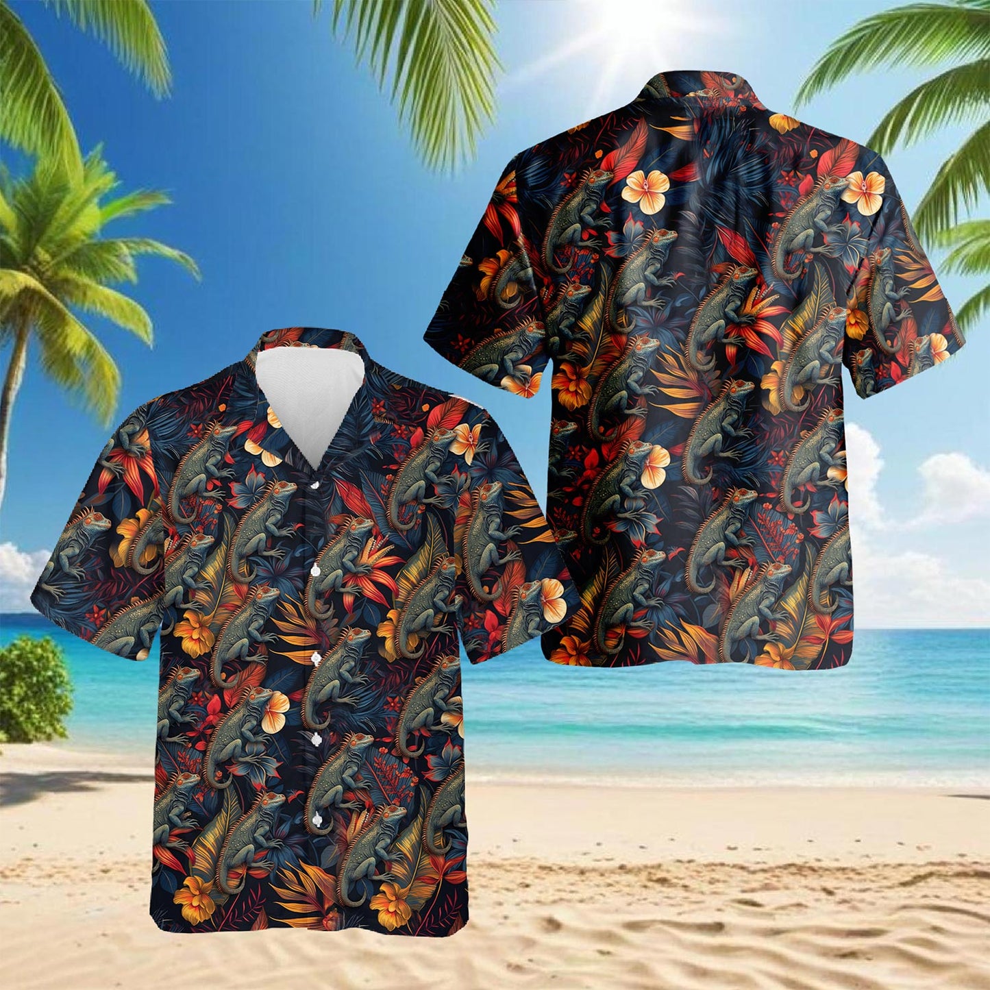 Netecom Iguanas Hawaiian Shirt for Men, Button Down Summer Beach Short Sleeve, Tropical Style, Sizes S-5XL