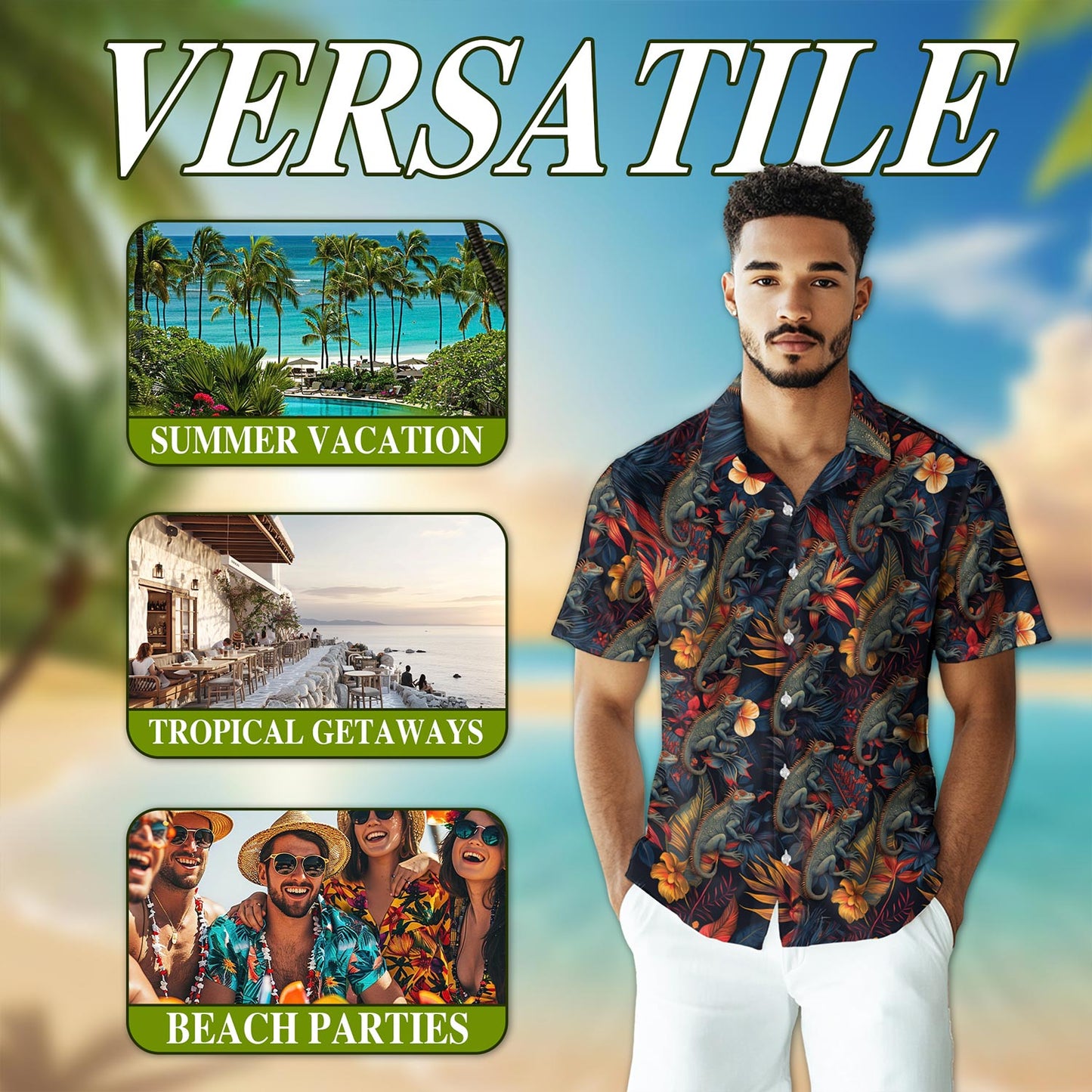 Netecom Iguanas Hawaiian Shirt for Men, Button Down Summer Beach Short Sleeve, Tropical Style, Sizes S-5XL