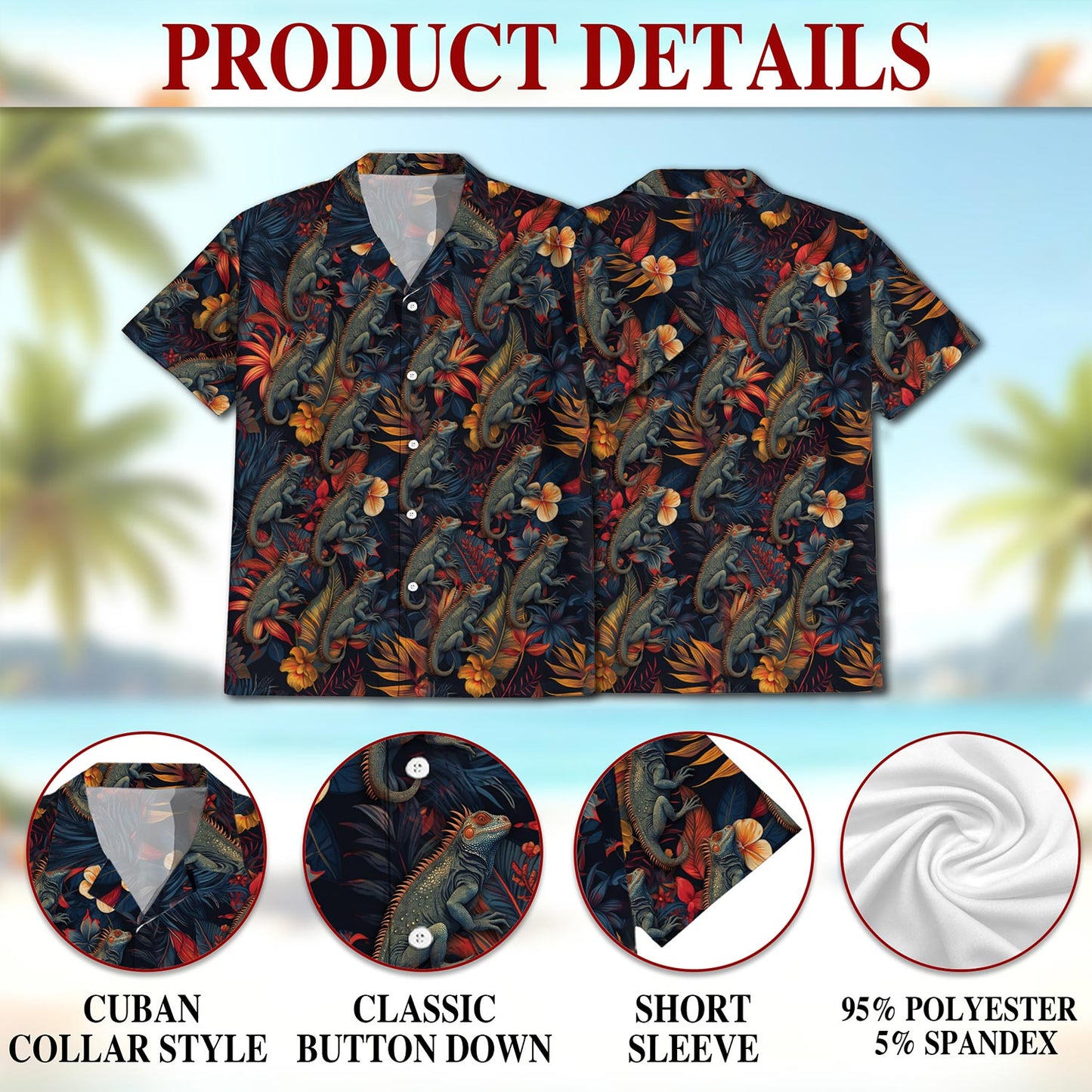 Netecom Iguanas Hawaiian Shirt for Men, Button Down Summer Beach Short Sleeve, Tropical Style, Sizes S-5XL