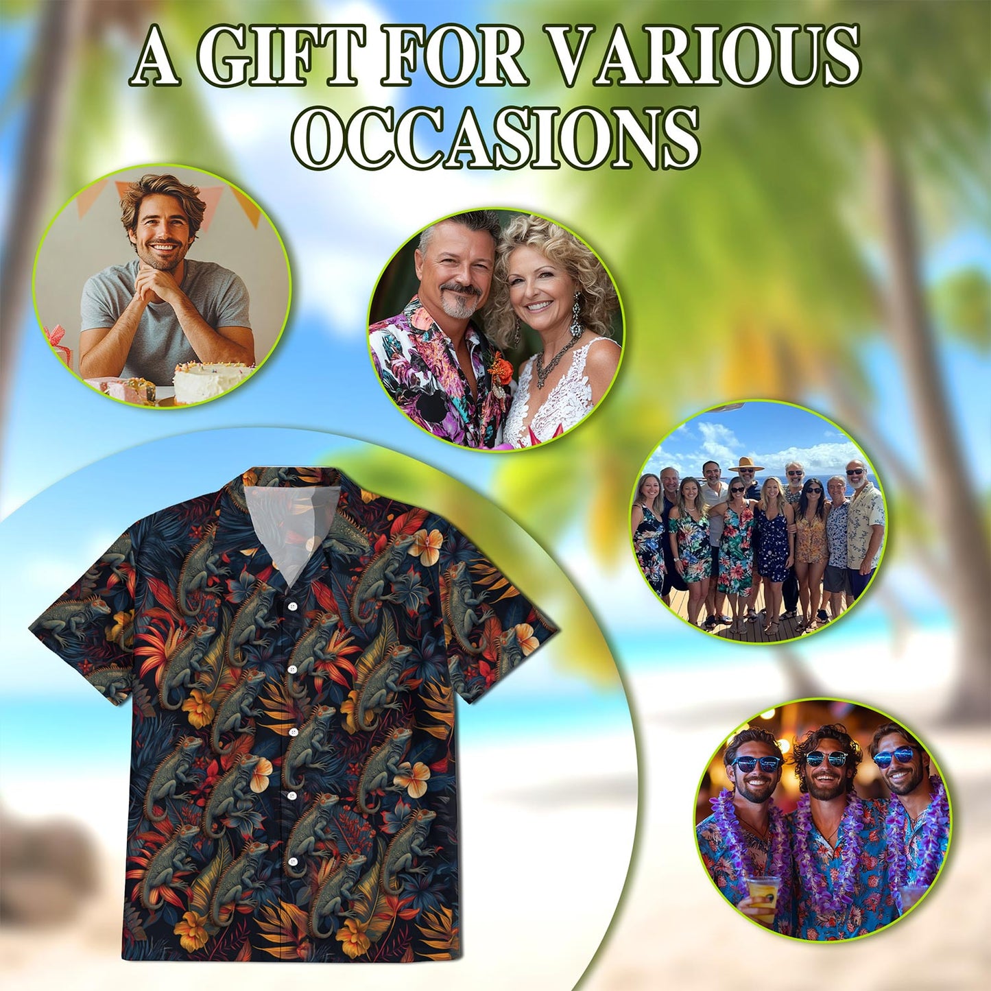 Netecom Iguanas Hawaiian Shirt for Men, Button Down Summer Beach Short Sleeve, Tropical Style, Sizes S-5XL