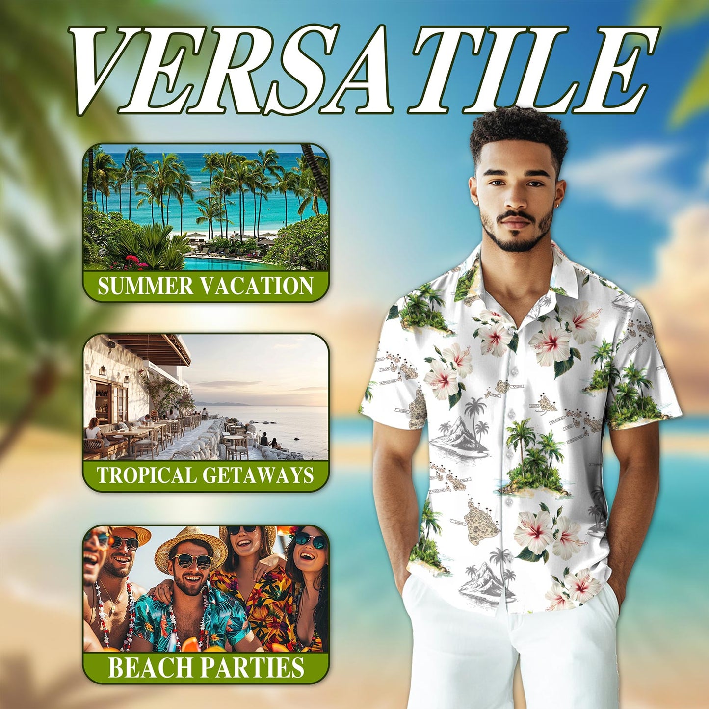 Netecom Islands White Hawaiian Shirt for Men, Button Down Summer Beach Short Sleeve, Tropical Style, Sizes S-5XL