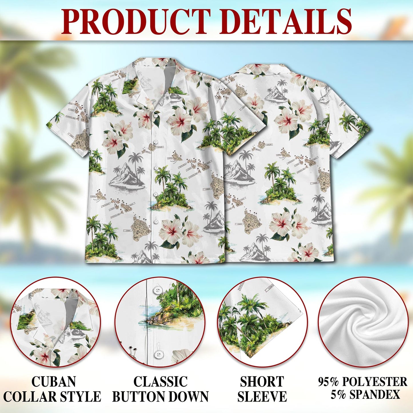 Netecom Islands White Hawaiian Shirt for Men, Button Down Summer Beach Short Sleeve, Tropical Style, Sizes S-5XL