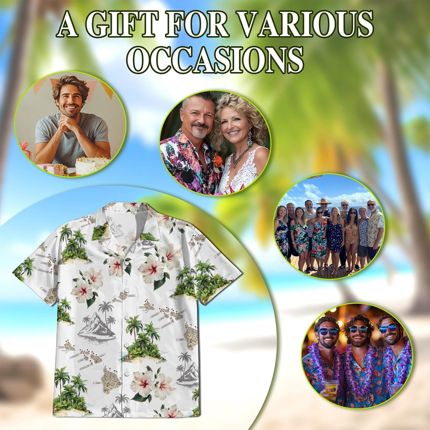 Netecom Islands White Hawaiian Shirt for Men, Button Down Summer Beach Short Sleeve, Tropical Style, Sizes S-5XL