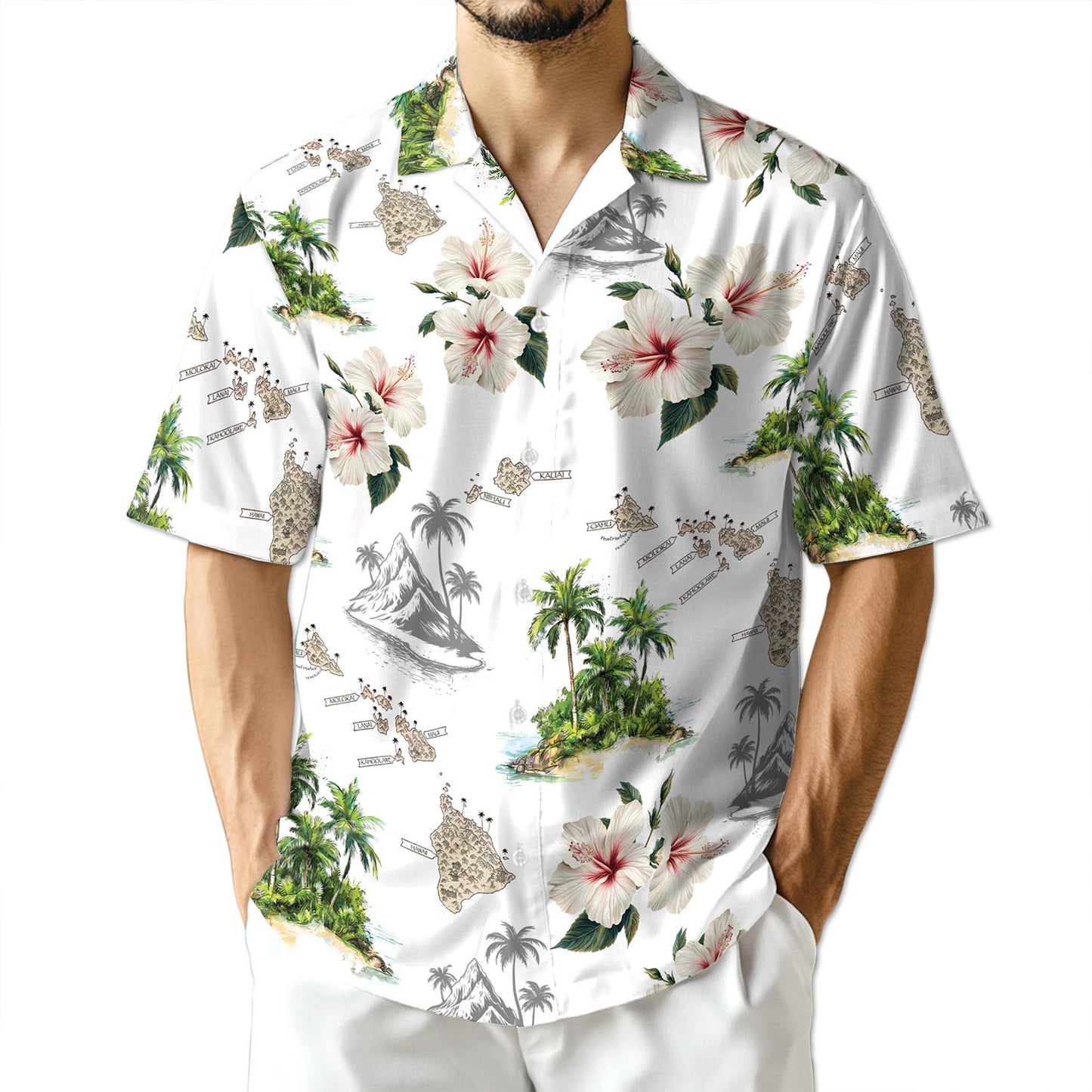 Netecom Islands White Hawaiian Shirt for Men, Button Down Summer Beach Short Sleeve, Tropical Style, Sizes S-5XL