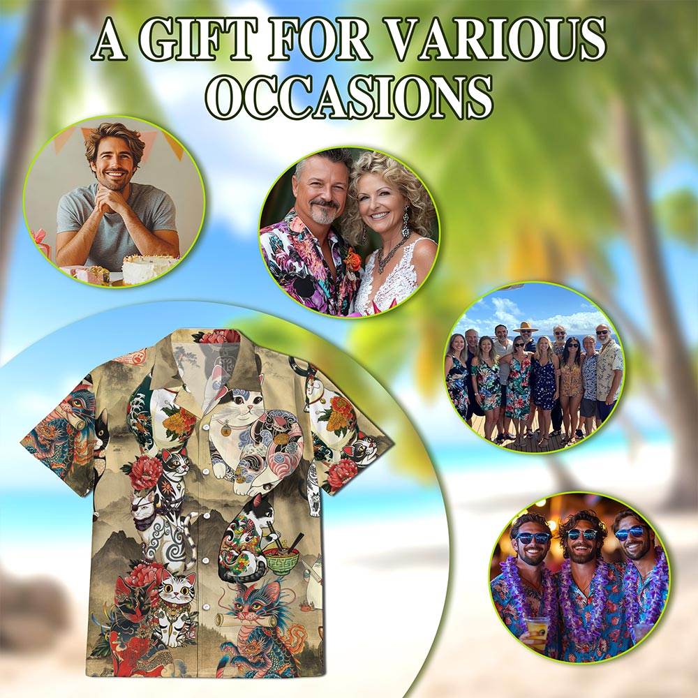 Netecom Japanese Cat Tattoo Hawaiian Shirt for Men, Vintage Japanese Art Button Down Summer Beach Short Sleeve, S-5XL